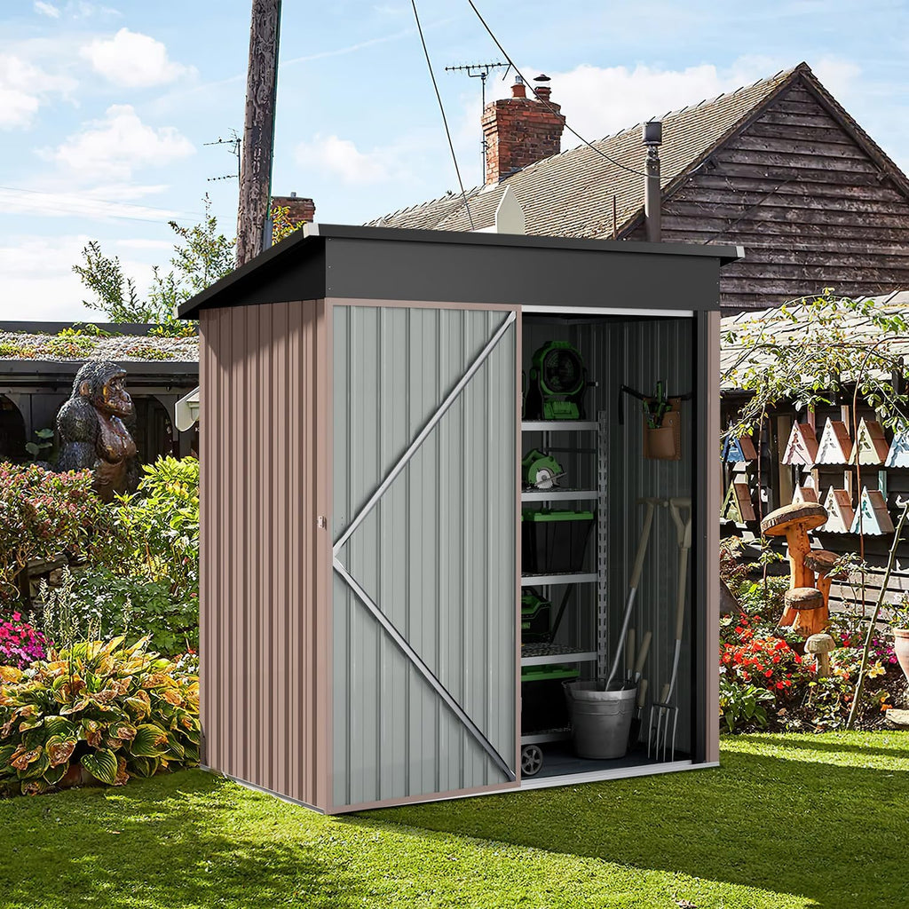 Aoxun 5x2.7 FT Outdoor Metal Storage Shed - Durable Water-Resistant Galvanized Steel, Sloping Roof Design, Lockable Door - Ideal for Tool Storage on Lawn, Patio & Backyard (Brown)