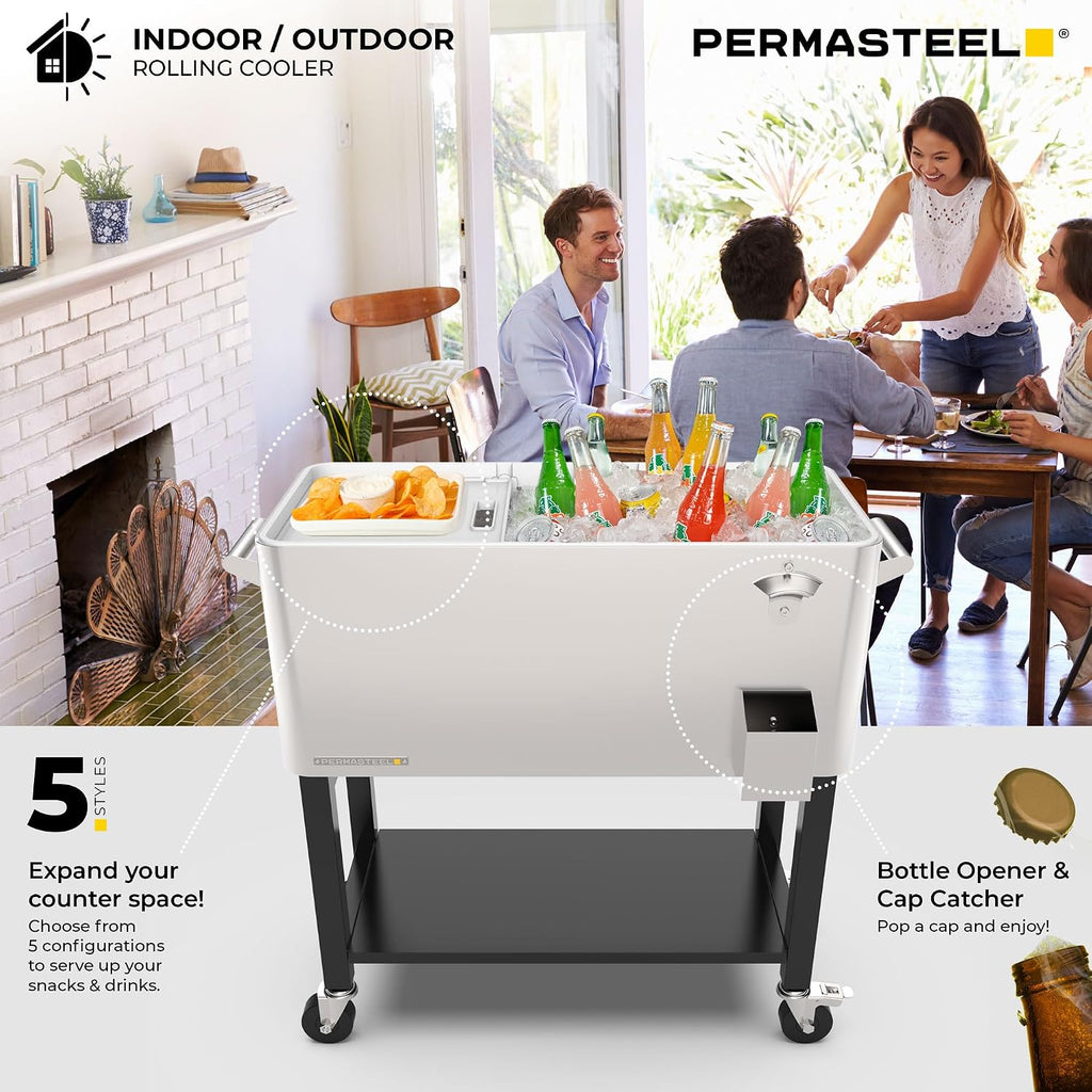Permasteel Party Cooler with Divider, Removable Basin, Spacious 80-Qt Capacity, Chills 36hrs, Serving Tray, Rolling Ice Chest for Indoor & Outdoor