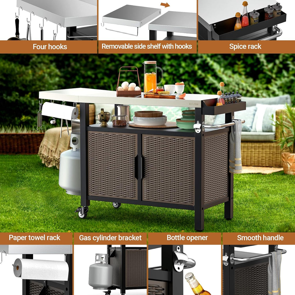 onlyfire 53-Inch Rolling Kitchen Island Cart with XL Stainless Steel Top & Rattan Texture Cabinet, Heavy-Duty Outdoor Dining Cart with Side Shelf, Propane Tank Holder, Spice Rack, Wheels for Patio