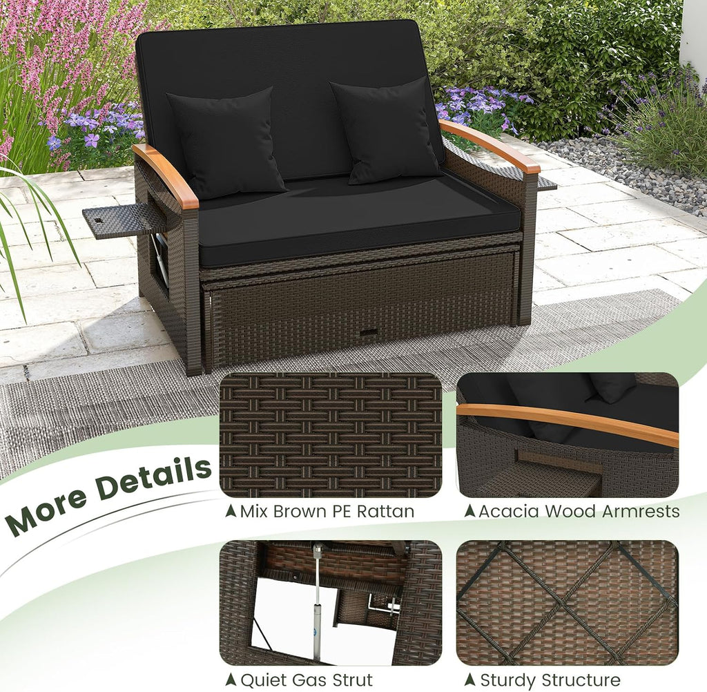 Tangkula Patio Rattan Daybed with 4-Level Adjustable Backrest, Outdoor Wicker Loveseat with Acacia Wood Armrest, Storage Ottoman & Folding Tray, Double Sunbed for Balcony, Backyard & Poolside (Black)