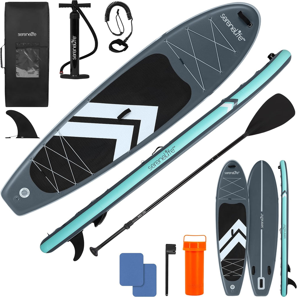 SereneLife Inflatable 10'6' Stand Up Paddle Board with 33' Wide Stable Platform – Non-Slip EVA Deck, 3-Piece Aluminum Paddle, Safety Leash, Removable Fins & Carry Backpack, 350 lbs Capacity