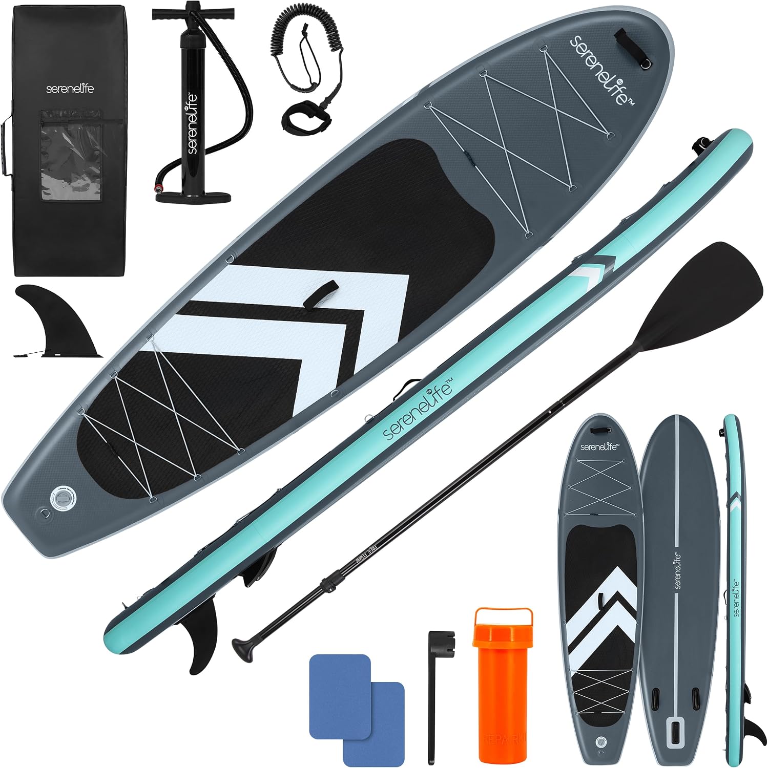 SereneLife Inflatable 10'6' Stand Up Paddle Board with 33' Wide Stable Platform – Non-Slip EVA Deck, 3-Piece Aluminum Paddle, Safety Leash, Removable Fins & Carry Backpack, 350 lbs Capacity