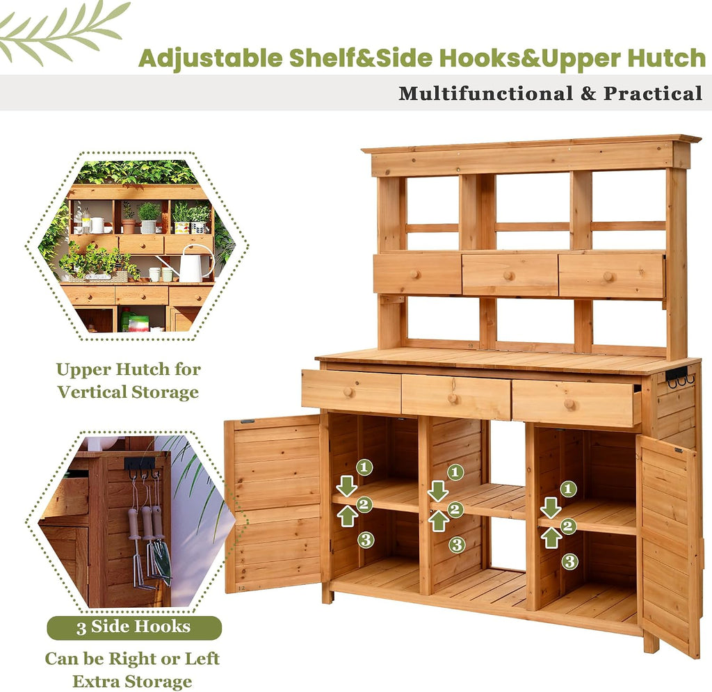 JIVOIT Outdoor Wood Workstation Table, 65.7'' H Tall Garden Potting Bench Table with Hutch, 3 Shelves, 6 Drawers, 2 Bottom Cabinets & Side Hooks, Patio Storage Workstation for Mudroom, Doorway