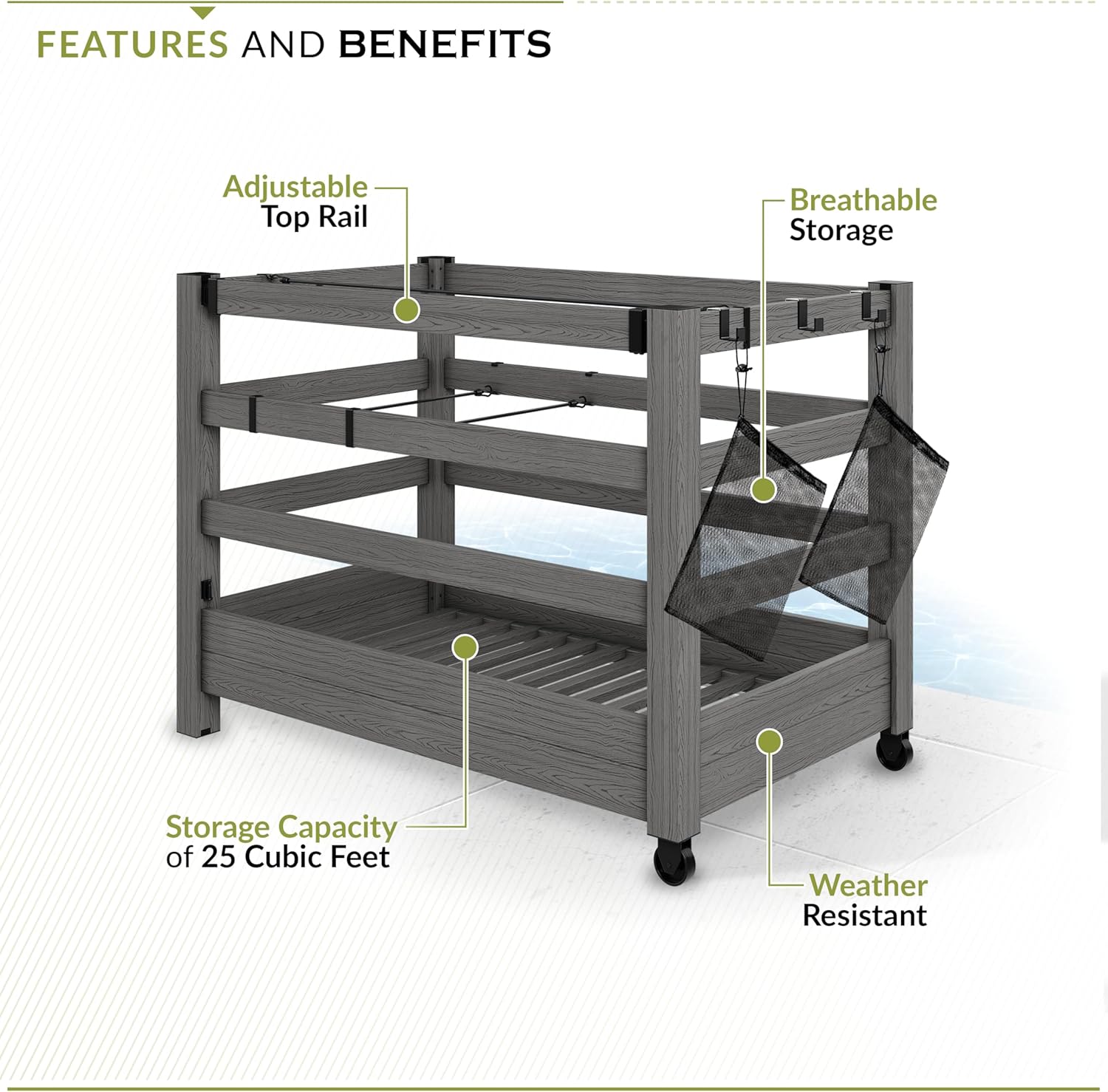 3.4ft H x 4.6ft W x 2.8ft L WoodTek Poolside Organizer and Pool Float Storage Rack, Wheeled Storage for Toys, Floats, and Accessories - Durable Pool Deck Caddy & Organizer w/ Dividers, Zippity AZ19078