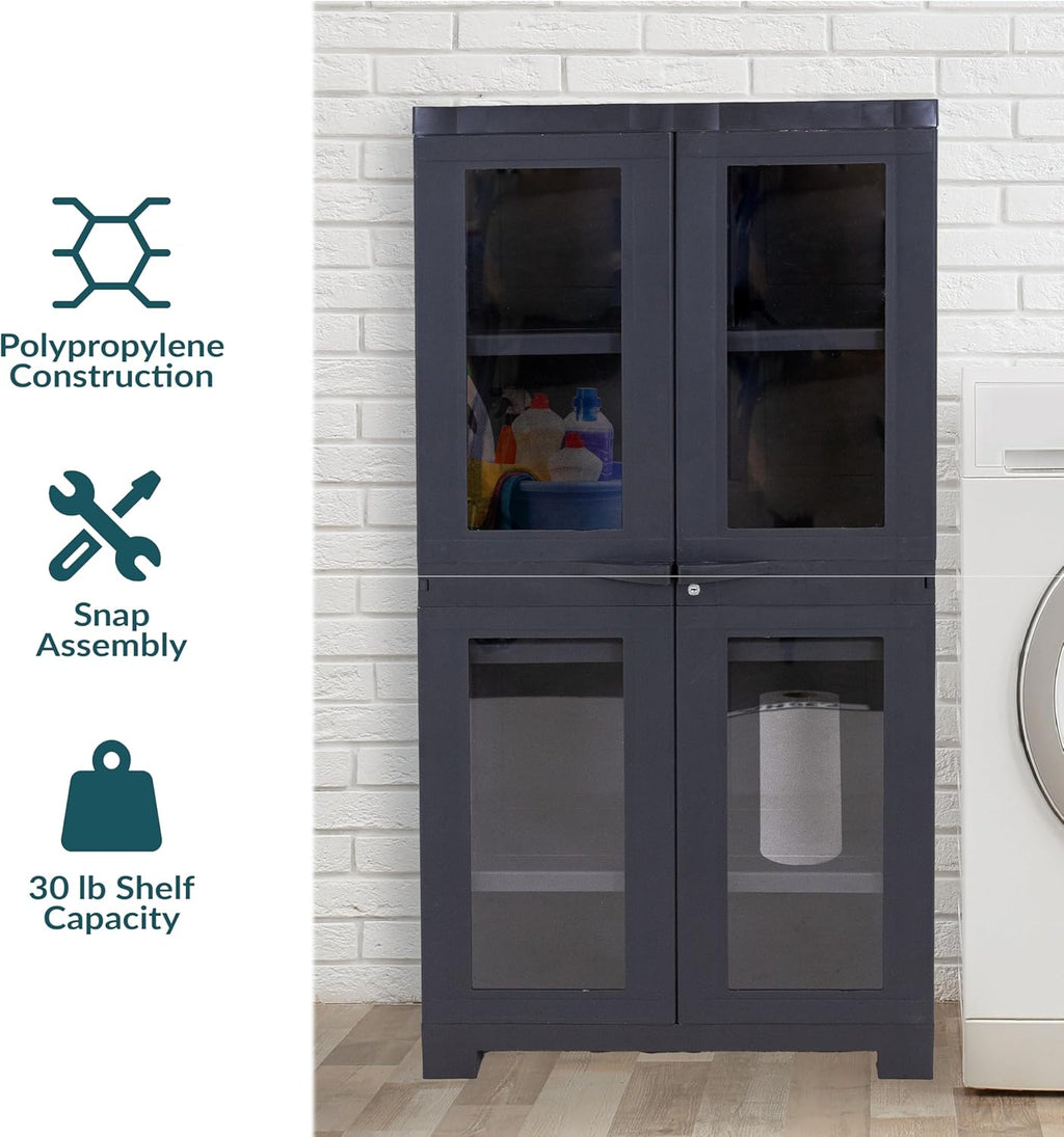 Sunnydaze 48.75' H Resin Garage Storage Cabinet - Garage Cabinet with 4 Acrylic Glass Doors - Freestanding Utility Storage for Laundry Room, Office, Basement - Charcoal