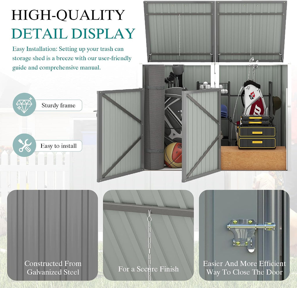 YOPTO Outdoor Storage Shed Metal Trash Can Storage,54 Cu.Ft Garbage Can Storage Shed W/Lid Chain,Hydraulic Mechanism & Pneumatic Spring Support Rods,for 2 Trash Bins,Bike,Garden Tools,Light Gray