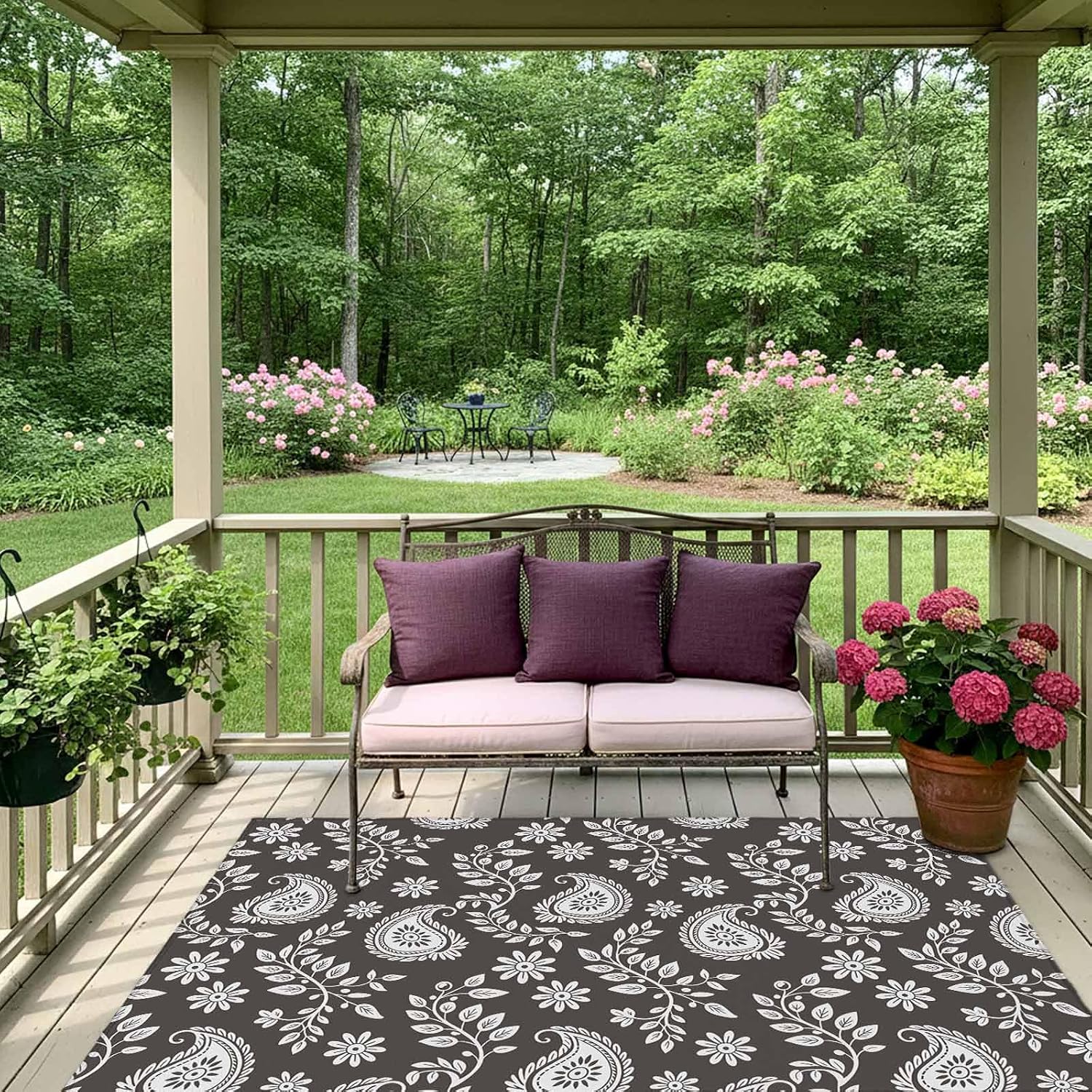 Grey Paisley Outdoor Rug for Patio/Deck/Porch, Non-Slip Large Area Rug 5 x 8 Ft, Ethnic Vintage Floral Botanical Abstract Indoor Outdoor Rugs Washable Area Rugs, Reversible Camping Rug Carpet Runner