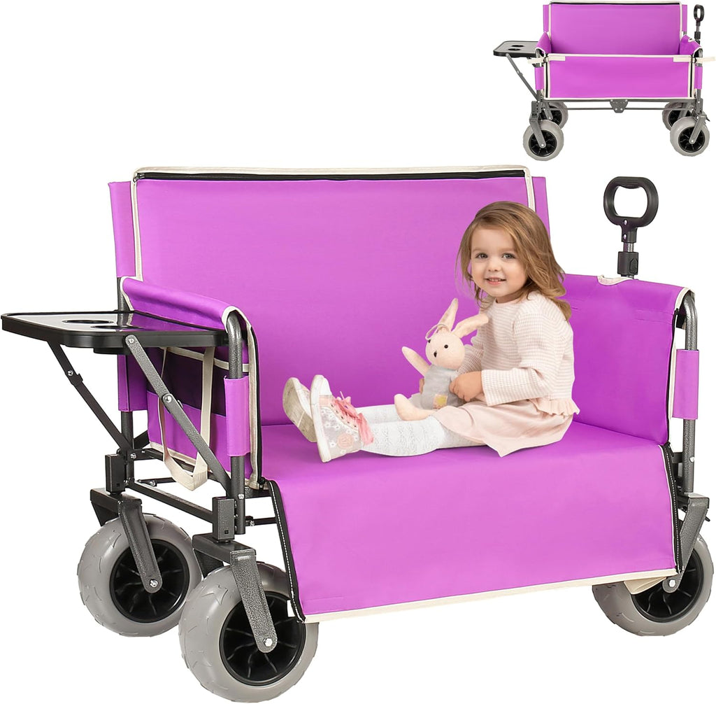 3-in-1 Folding Wagon with Bench Seat – 500lbs Capacity,Reinforced Carbon Steel Frame, 180L Cargo Space– Perfect for Camping, Beach, Outdoor Events & Heavy-Duty Hauling (12 Purple + Cup Holder)
