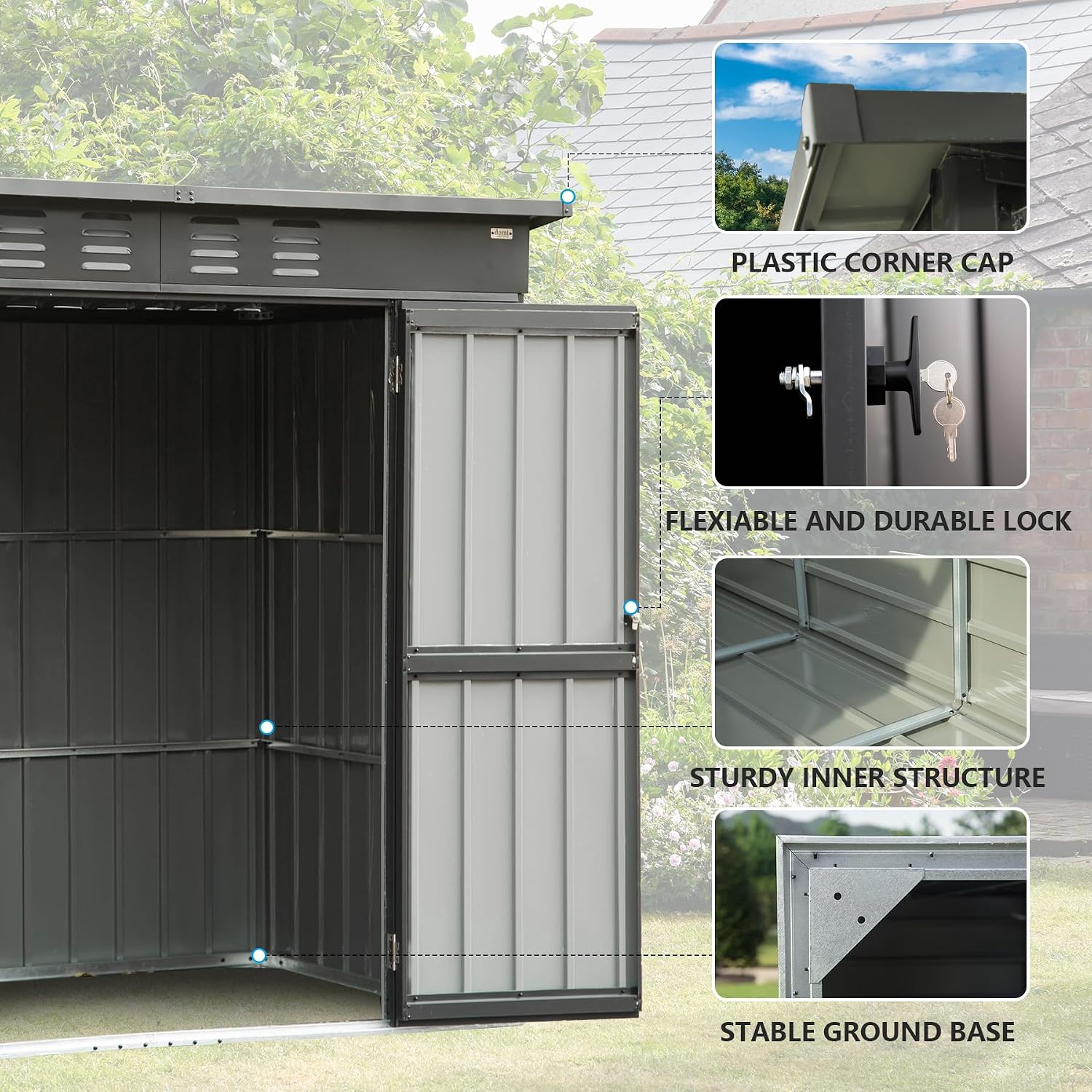 Domi 6 x 4 FT Outdoor Storage Shed, Metal Garden Shed for Bike, Trash Can, Tool, Lawn Mowers, Pool Toys, Lockable Outdoor Storage Cabinet Galvanized Steel for Backyard, Patio, Lawn Dark Gray