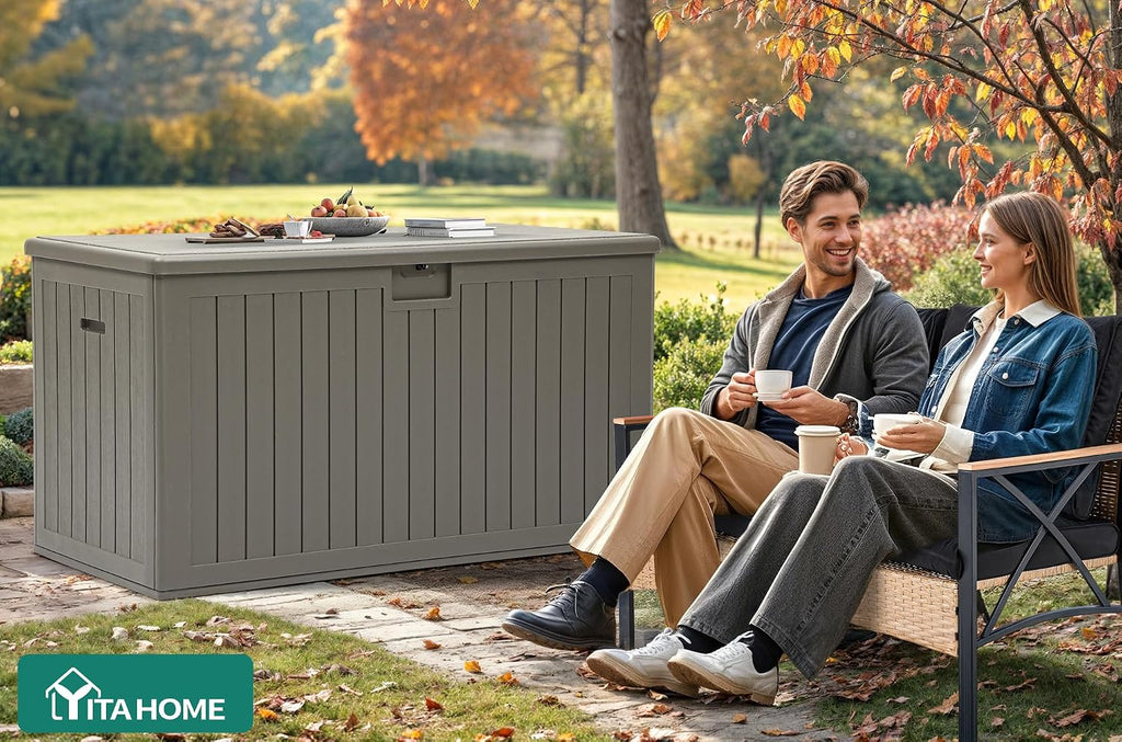 YITAHOME 220 Gallon Extra Large Deck Box, Double-Wall Resin Outdoor Storage Box with Flexible Divider for Patio Cushions Pool Supplies Garden Tools, 990 lbs Load Capacity, Lockable (Light Brown)
