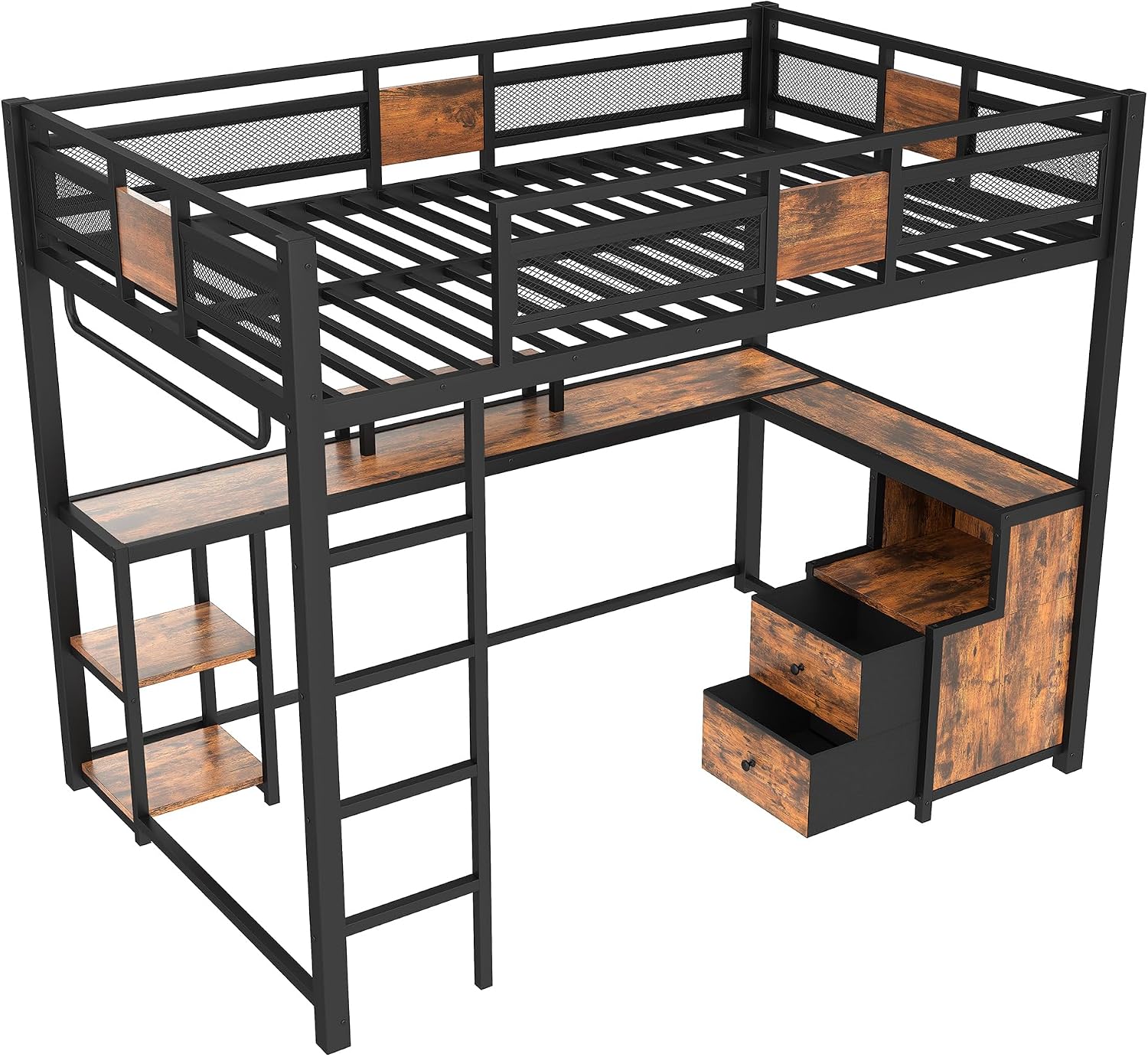 Bellemave Full Loft Bed with L-Shaped Desk and Storage Drawers, Full Size Loft Bed Frame with Computer Monitor Stand, Corner Shelf and Hanger Rod, Adults Loft Beds Nosie-Free, Black