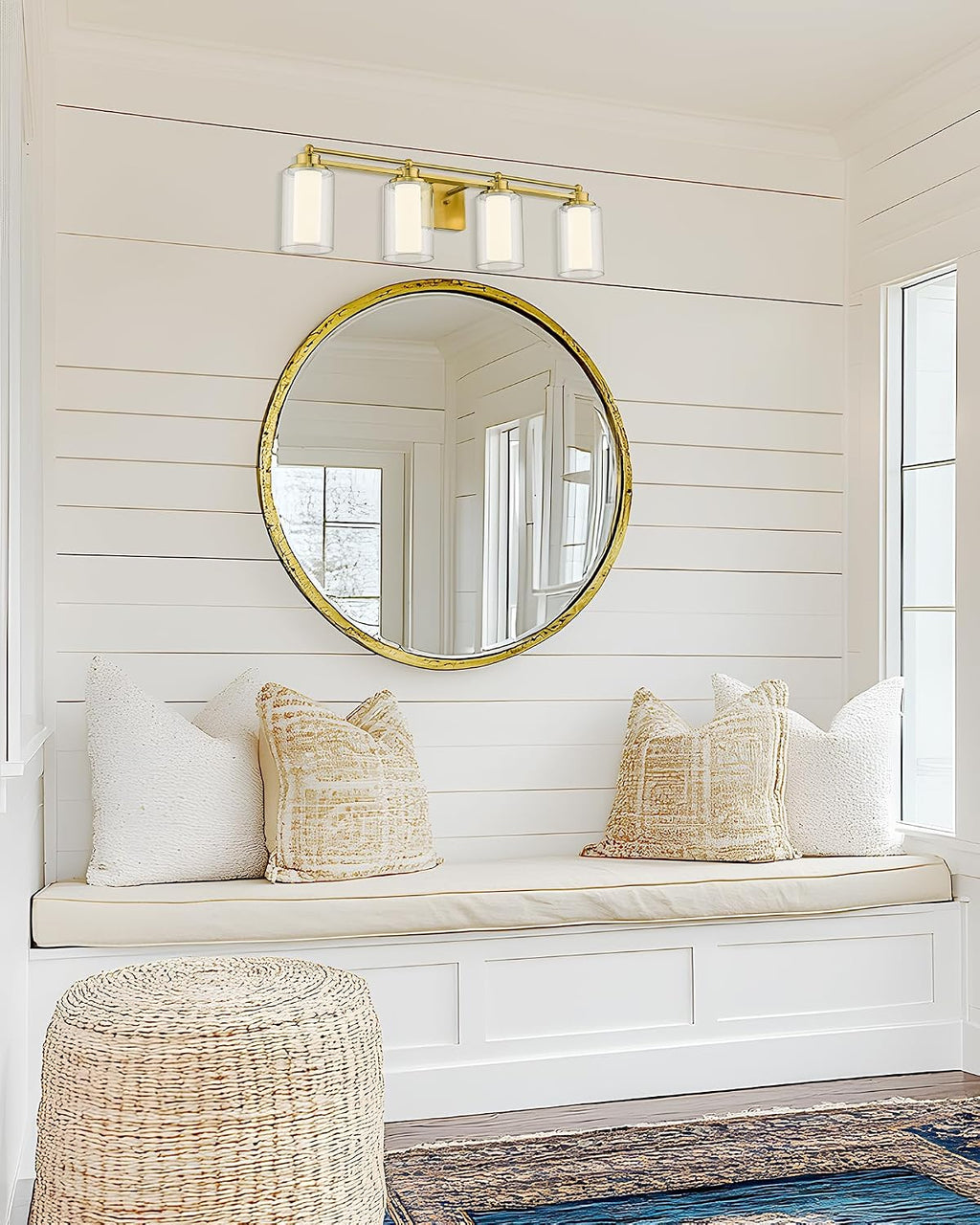 4 Light Bathroom Vanity Light, HWH Brushed Gold Vanity Lights for Bathroom, Brass Gold Wall Light Fixtures Clear Glass, Dimmable LED Vanity Lights for Mirror 24W 5CCT, 5HLT63B-4W-LED BG