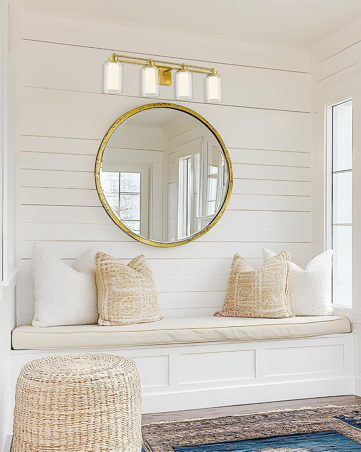 4 Light Bathroom Vanity Light, HWH Brushed Gold Vanity Lights for Bathroom, Brass Gold Wall Light Fixtures Clear Glass, Dimmable LED Vanity Lights for Mirror 24W 5CCT, 5HLT63B-4W-LED BG