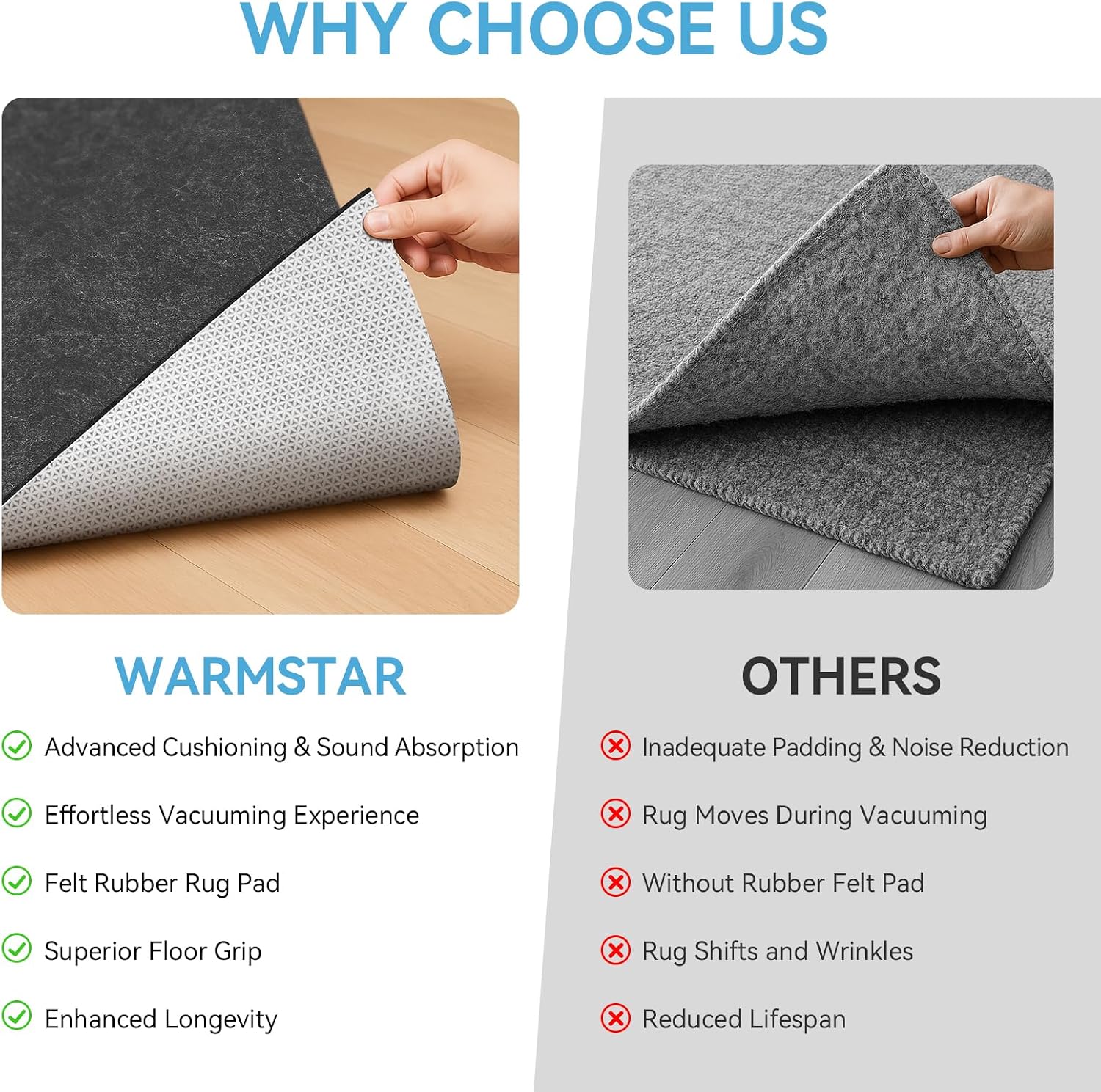 Warmstar 10x14 FT Non Slip Rug Pad,100% Waterproof Felt Rug Pad for Hardwood Floors,1/4' Thick Soft Carpet Pad with Natural Rubber Backing, Secure Grip & Floor Protection