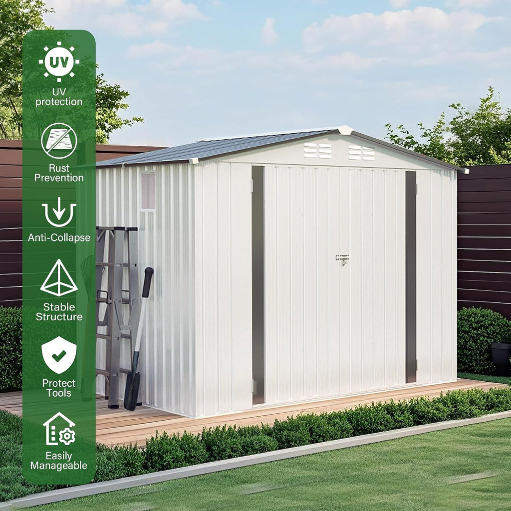 CHUNLY 8 x 6 ft Outdoor Storage Shed w/Side Window and Lockable Door, All Weather Tool Shed with Pitched Roof Waterproof, Storage Garden Shed Storage Room for Patio Backyard Lawn, White + Gray