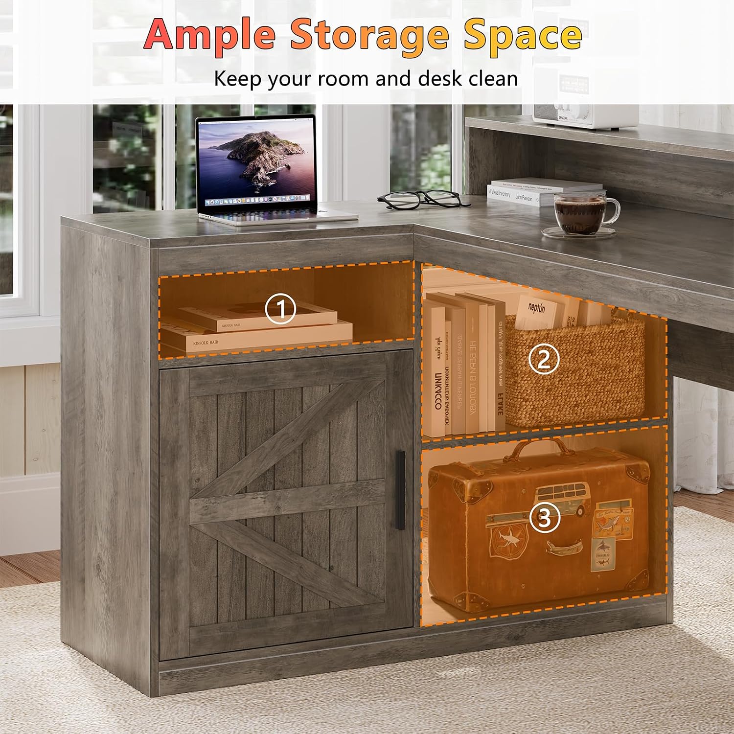 TVU Farmhouse L Shaped Desk with Drawers, 62.2' Home Office Desk with Storage Shelves and Power Outlet, L Shaped Computer Desk with Monitor Stand and Printer Shelf, Gray