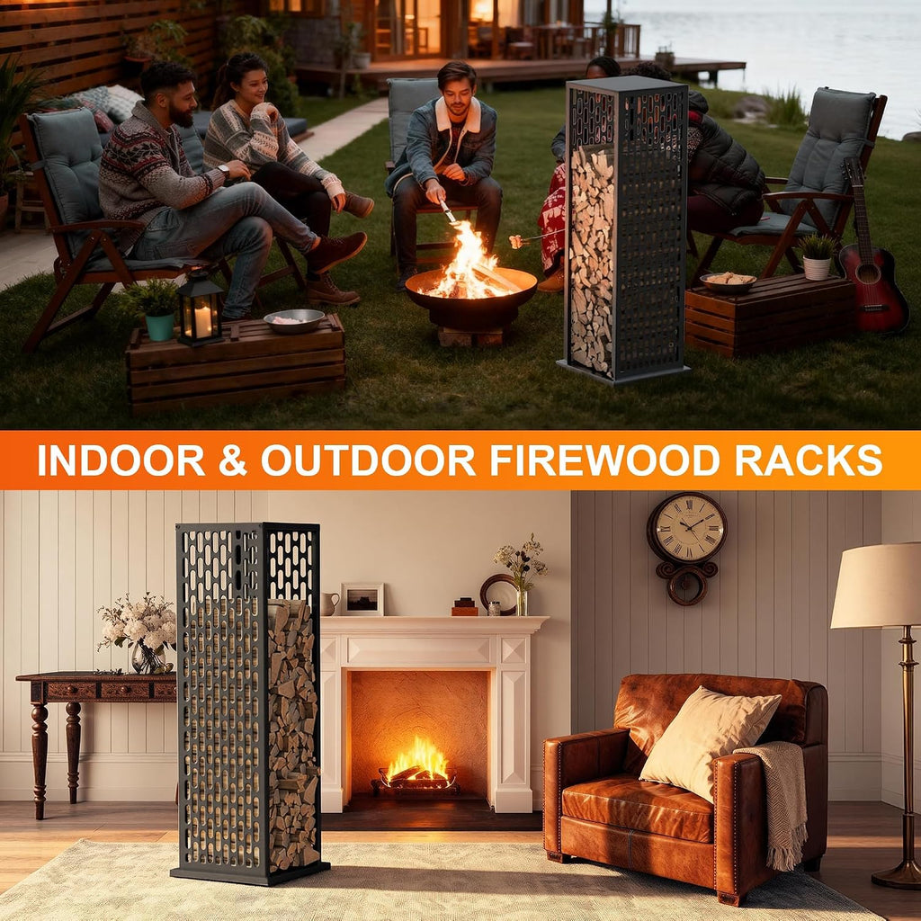 4ft Firewood Rack, Wood Stacker Firewood Outdoor, Black Metal, 1000 lbs Capacity, Indoor Decorative Wood Holder for Woodshed, Storeroom, Patio, Basement (Ellipticalhole)