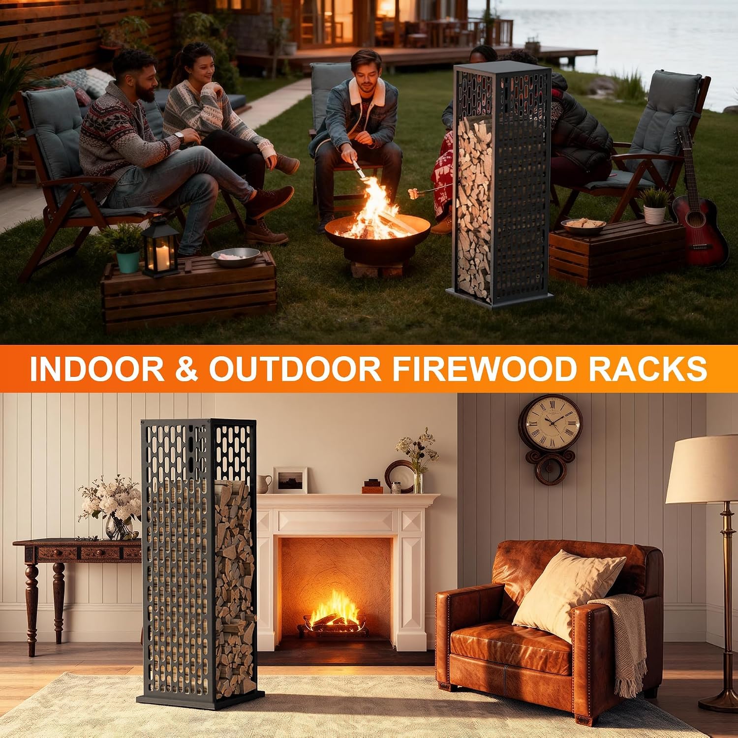 4ft Firewood Rack, Wood Stacker Firewood Outdoor, Black Metal, 1000 lbs Capacity, Indoor Decorative Wood Holder for Woodshed, Storeroom, Patio, Basement (Ellipticalhole)