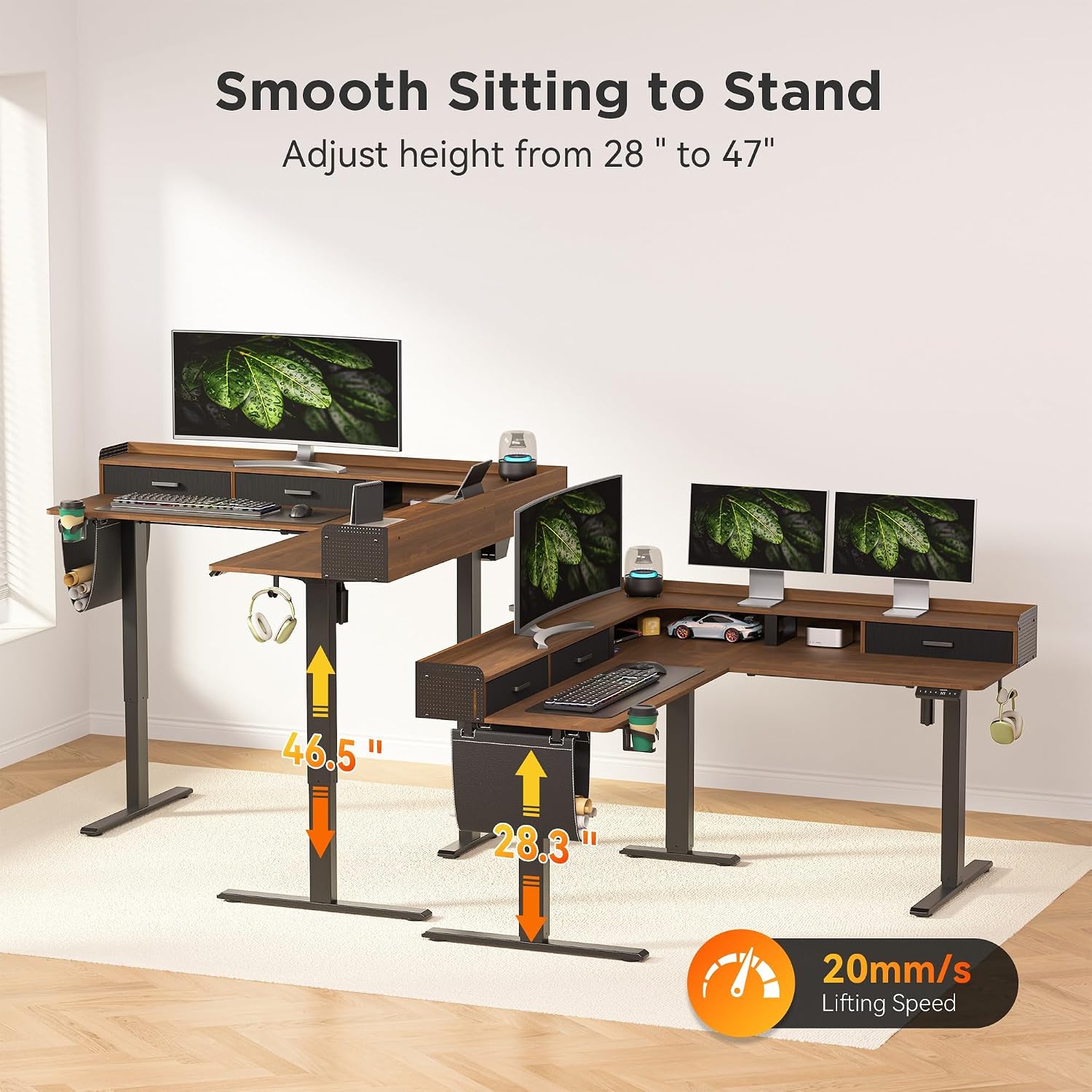 WALKINGDESK 63 Inches Height Adjustable L Shaped Standing Desk with 3 Drawers and Monitor Shelf, Electric Sit to Stand Home Office Comupter Table, Ergonomic Corner Gaming Desk, Black Walnut