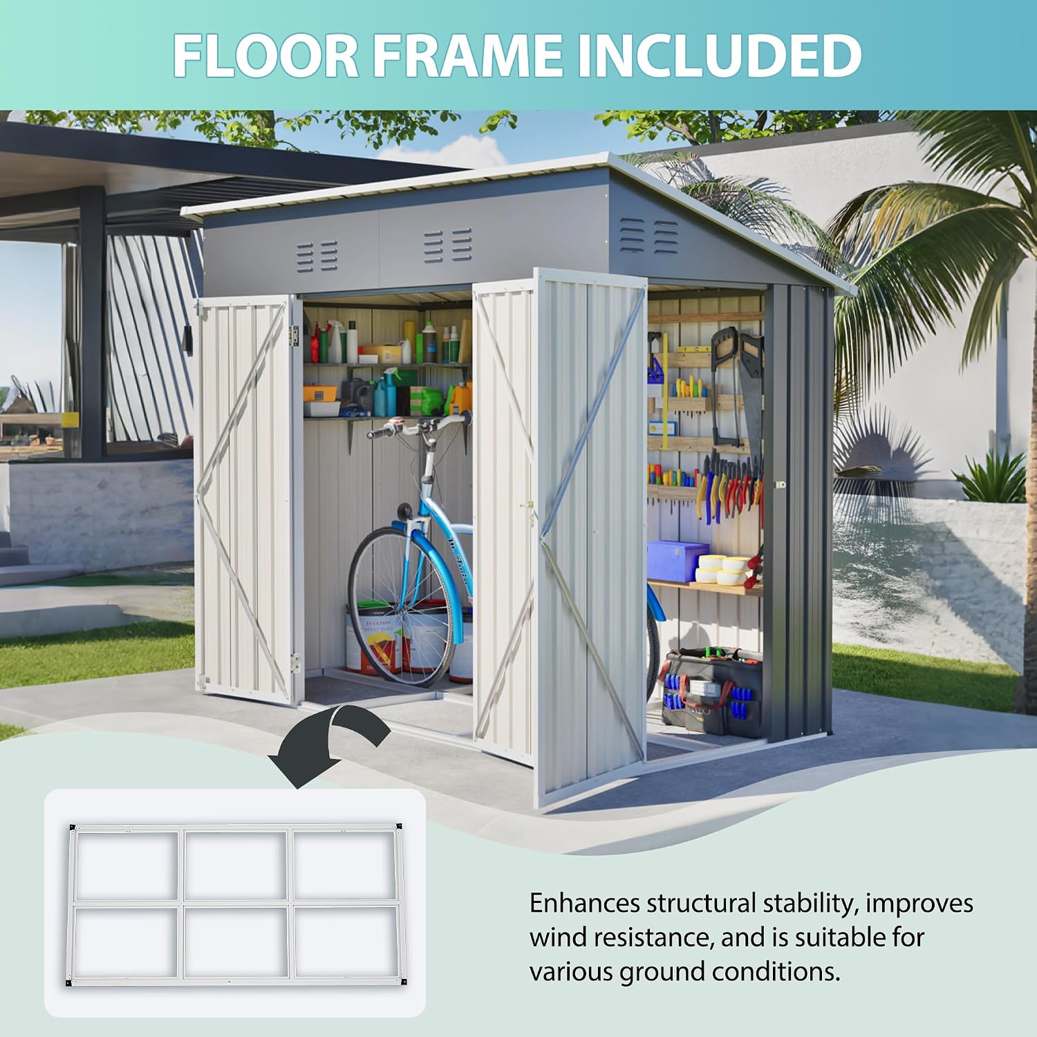 YOPTO 4x8 FT Outdoor Storage Shed,Slope Roof Storage Metal Garden Shed Steel with Reinforced Beams,All Weather Waterproof Garden Tool House W/Lockable Door & 4 Air Vents,for Backyard,Patio,Lawn,Grey