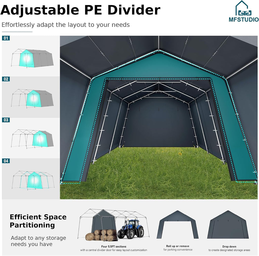 MFSTUDIO 13x22 Heavy Duty Carport, Outdoor Shades Portable Storage Shelter Garage with Rolled up Zipper Doors, Extra Large Car Canopy Tent with Roll-up Sidewalls for Boat Truck Party