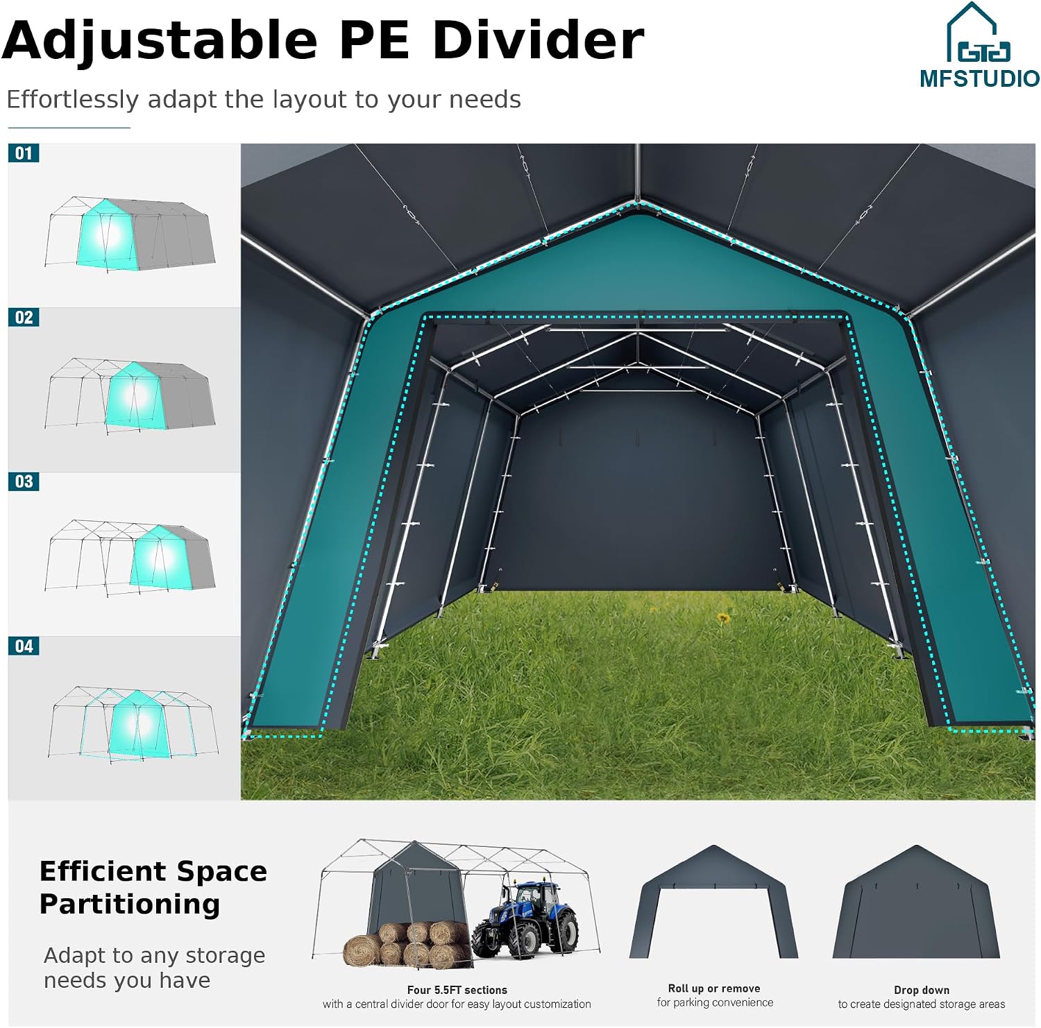 MFSTUDIO 13x22 Heavy Duty Carport, Outdoor Shades Portable Storage Shelter Garage with Rolled up Zipper Doors, Extra Large Car Canopy Tent with Roll-up Sidewalls for Boat Truck Party