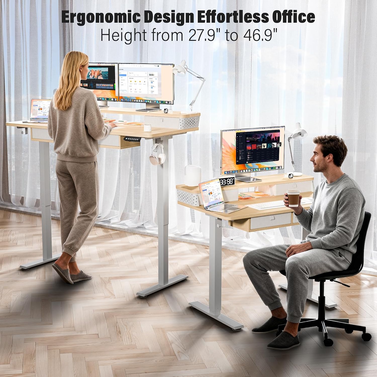 Kingant 40 x 24 Inch Small Electric Standing Desk with 4 Drawers, Height Adjustable Sit to Stand Computer Desk with Storage Shelf and C-Clamp Mount Compatibility for Home Office, Nature