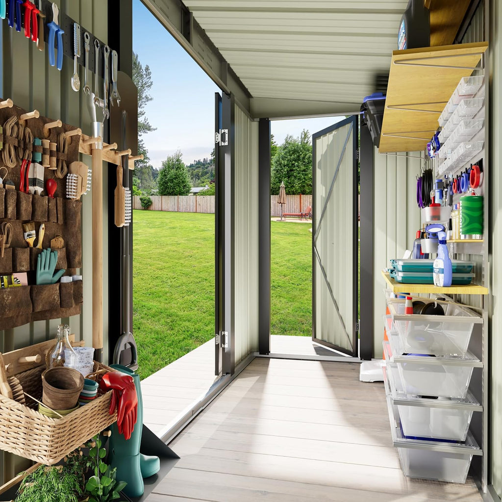 JUMMICO 8x4 FT Outdoor Storage Shed, Heavy Duty Tool Metal Sheds with 3 Lockable Doors and Updated Frame Structure for Backyard Patio Lawn, Black