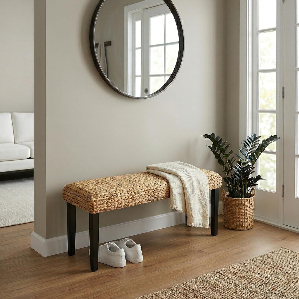 Entryway Bench with Solid Wood Acacia, 47' End of Bed Bench for Bedroom, Water Hyacinth Indoor Bench Seat, Boho Woven Bench for Living Room, Wicker Bench for Hallway or Kitchen, Wood Bench (Black Leg)