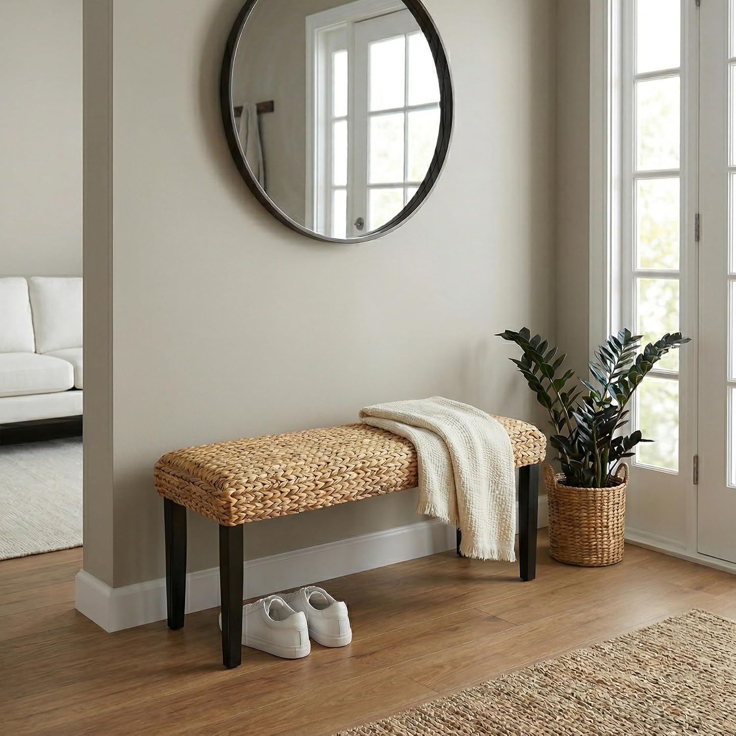 Entryway Bench with Solid Wood Acacia, 47' End of Bed Bench for Bedroom, Water Hyacinth Indoor Bench Seat, Boho Woven Bench for Living Room, Wicker Bench for Hallway or Kitchen, Wood Bench (Black Leg)