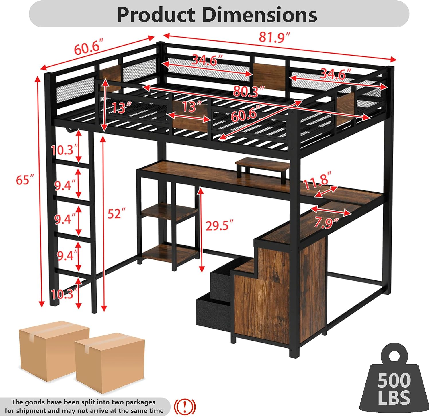 Bellemave Queen Size Loft Bed with Desk & 2 Fabric Drawers, Metal Queen Loft Bed Frame with Shelves, Computer Monitor Stand & Hanger Rod for Teens, Noise-Reduced Design, Black
