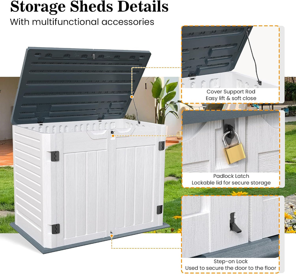 Amopatio Premium Resin 35 Cu Ft Outdoor Storage Shed, Horizontal Resin Trash Can Storage, Weather Resistance Outdoor Cabinet W/Lock Shed for Garbage Cans, Garden Tools, Lawn Mowers,Patio,White