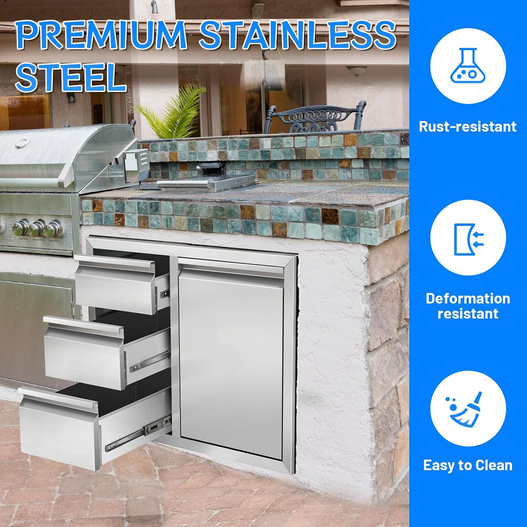 Outdoor Kitchen Drawer Combo, Stainless Steel Triple Drawer Cabinet with Built-in Trash Bin Drawer & Two Trash Cans, 28' W x 22' H x 19.5' D Outdoor Kitchen Storage for BBQ Grill Islands