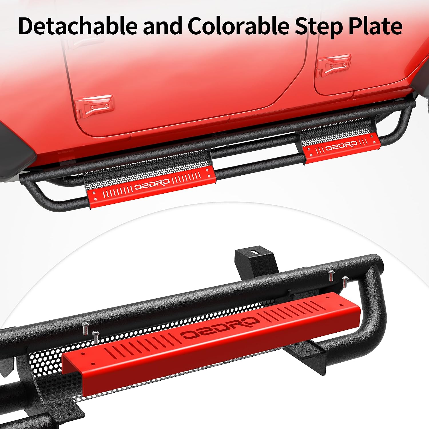 OEDRO 6 inch All Steel Running Boards Compatible with 2005-2023 Toyota Tacoma Double Cab, Bolt-on Side Steps with Paintable Step Plates, Powder Coated Black and High Gloss Red Nerf Bar