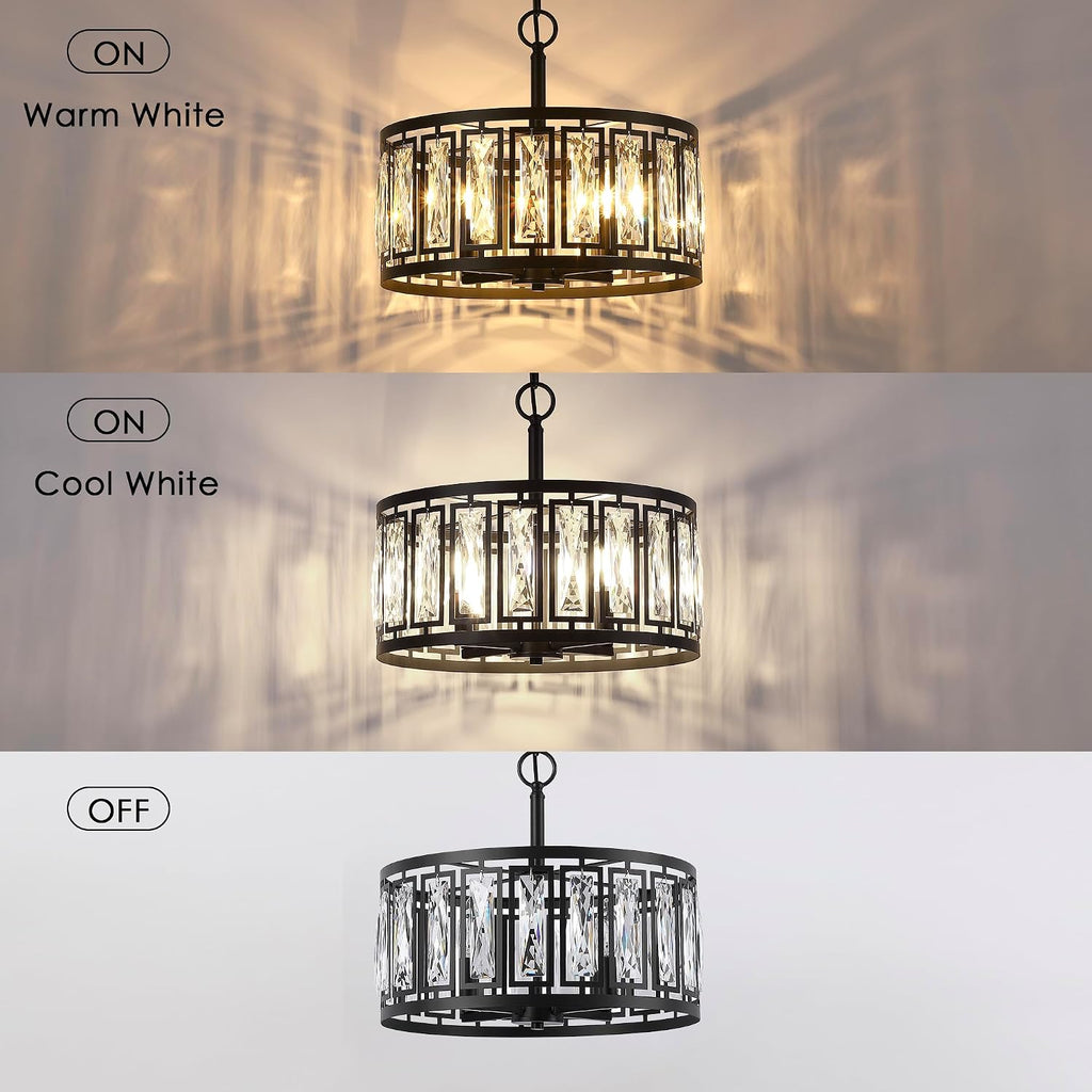 Modern Crystal Chandeliers, 4 Lights Matte Black Pendant Lighting Fixture for Dining Room Adjustable Hanging Ceiling Light for Kitchen Island