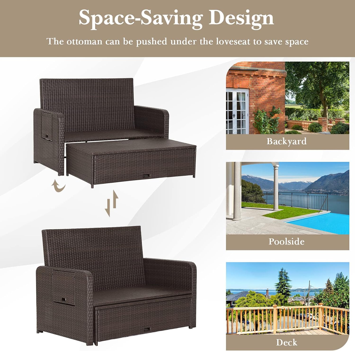 COSTWAY Patio Rattan Daybed with Cushions, Outdoor Wicker Loveseat Sofa with Storage Ottoman, 4-Level Adjustable Backrest, Bed Lounger for Yard, Balcony, Porch, Garden, Pool, Navy