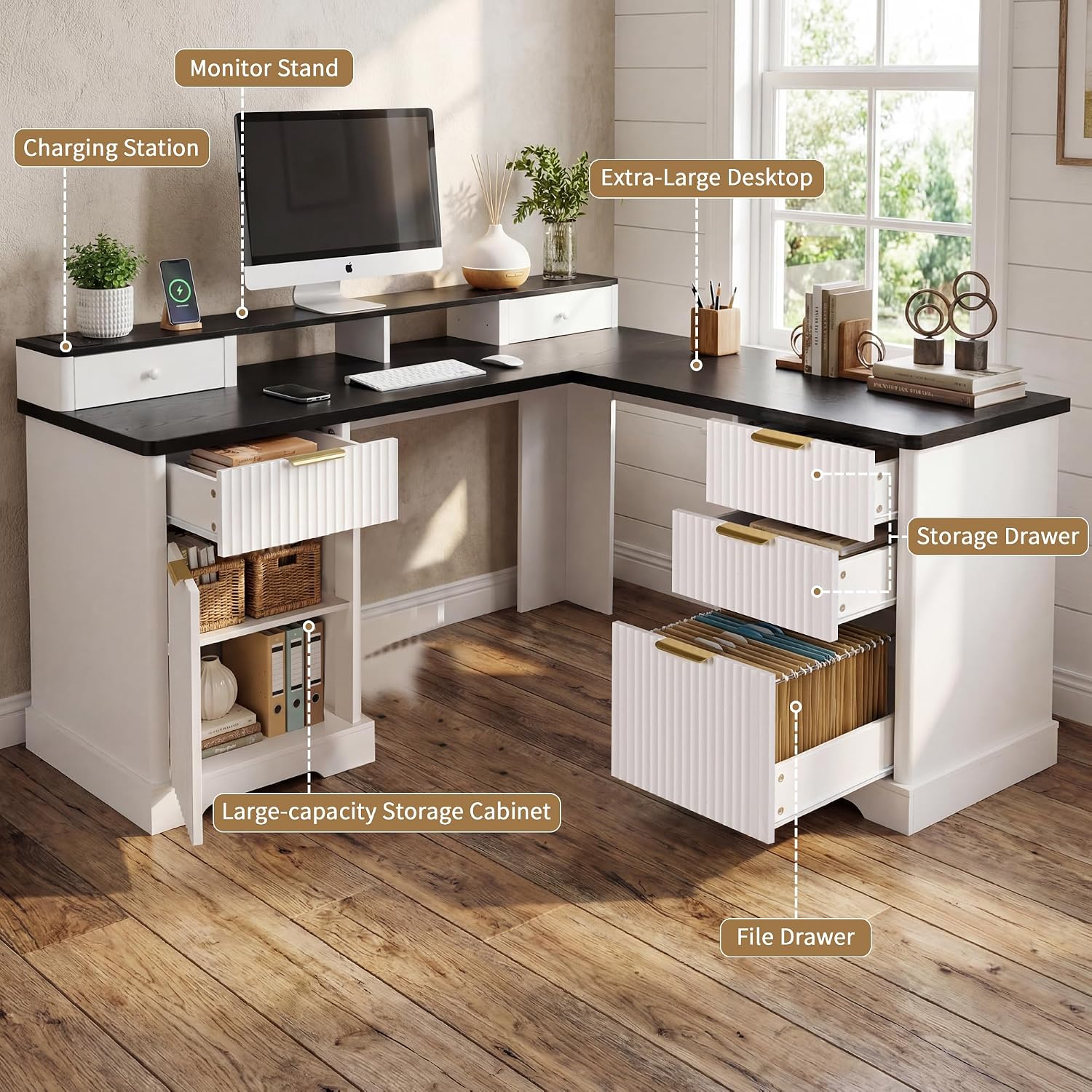 RiteSune L-Shaped Fluted Office Desk with USB Charging Station, Removable Monitor Stand, File Drawer & Adjustable Storage Cabinet, Modern Corner Computer Desk