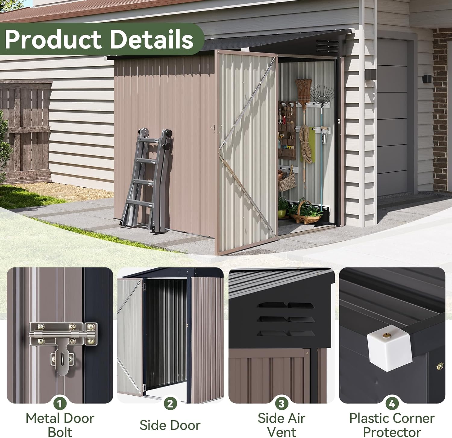 6'x4' Lean to Shed Galvanized Steel Storage Sheds with Side Door Waterproof Utility Shed with Sloped Roof for Mower, Bike, Garden Tools (Brown)