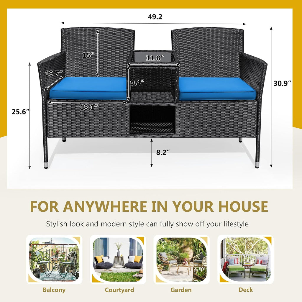 Flamaker Outdoor Furniture Patio Loveseat Wicker 2-Seat with Built-in Table and Cushions Rattan Porch Chairs Bench for Balcony, Lawn, Backyard (Blue)