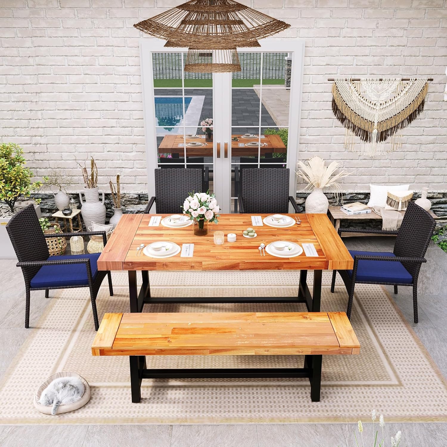 Sophia & William Outdoor Bench Garden Bench Wood 63', Patio Dining Bench Weatherproof, Wooden Park Front Porch Benches for Outside, Backless Acacia Wood Bench Long Narrow Clearance, 2 Pack, Teak