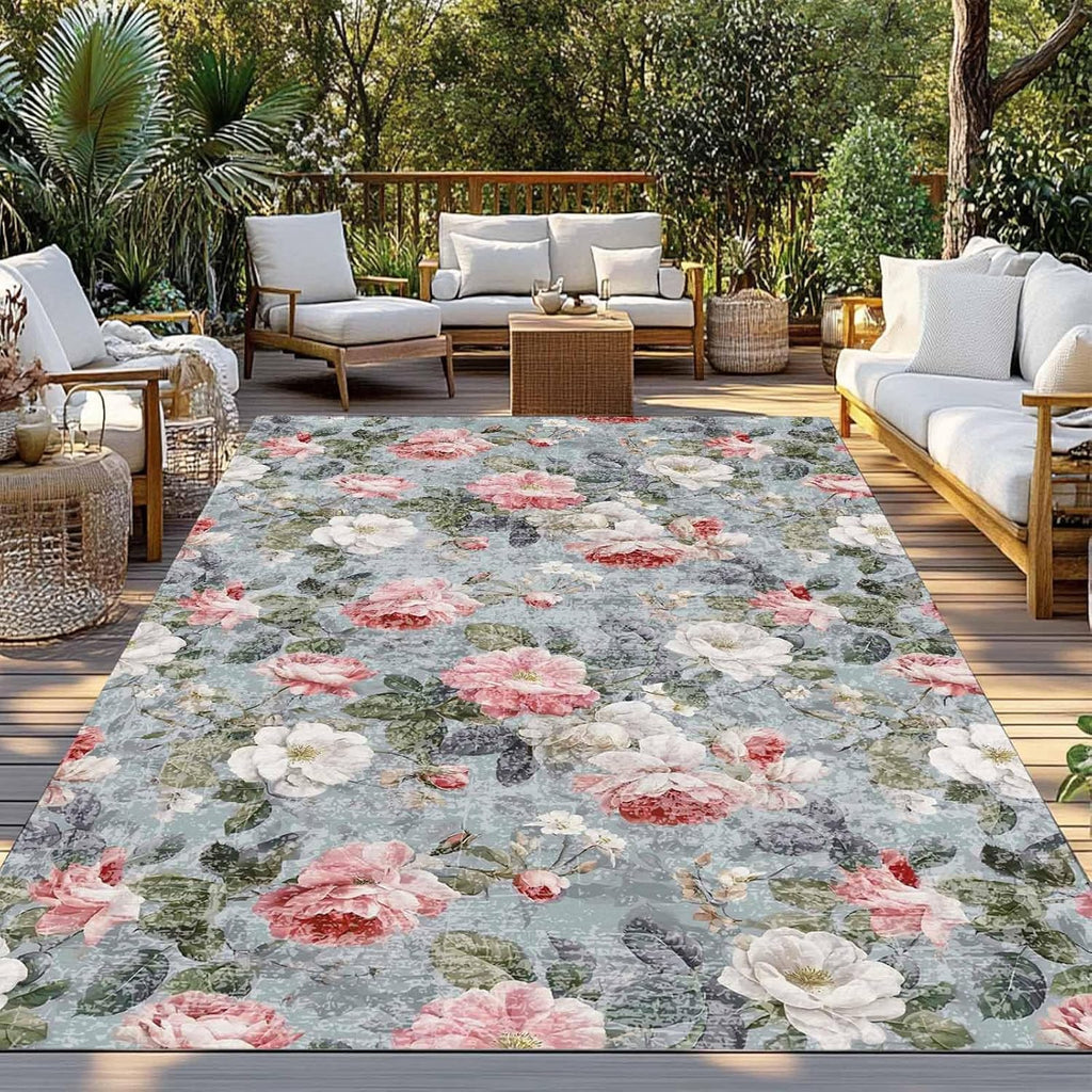 Vintage Spring Floral Outdoor Rug for Patio/Deck/Porch, Non-Slip Large Area Rug 6 x 9 Ft, Summer Botanical Watercolor Indoor Outdoor Rugs Washable Area Rugs, Reversible Camping Rug Carpet Runner
