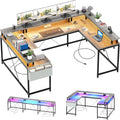 u Shaped Desk with Power Outlets & LED Lights, 79' Extra Large Reversible Corner Office Desk, Monitor Stand & Storage Shelves, Corner Computer Table Office Table with Full Monitor Stand