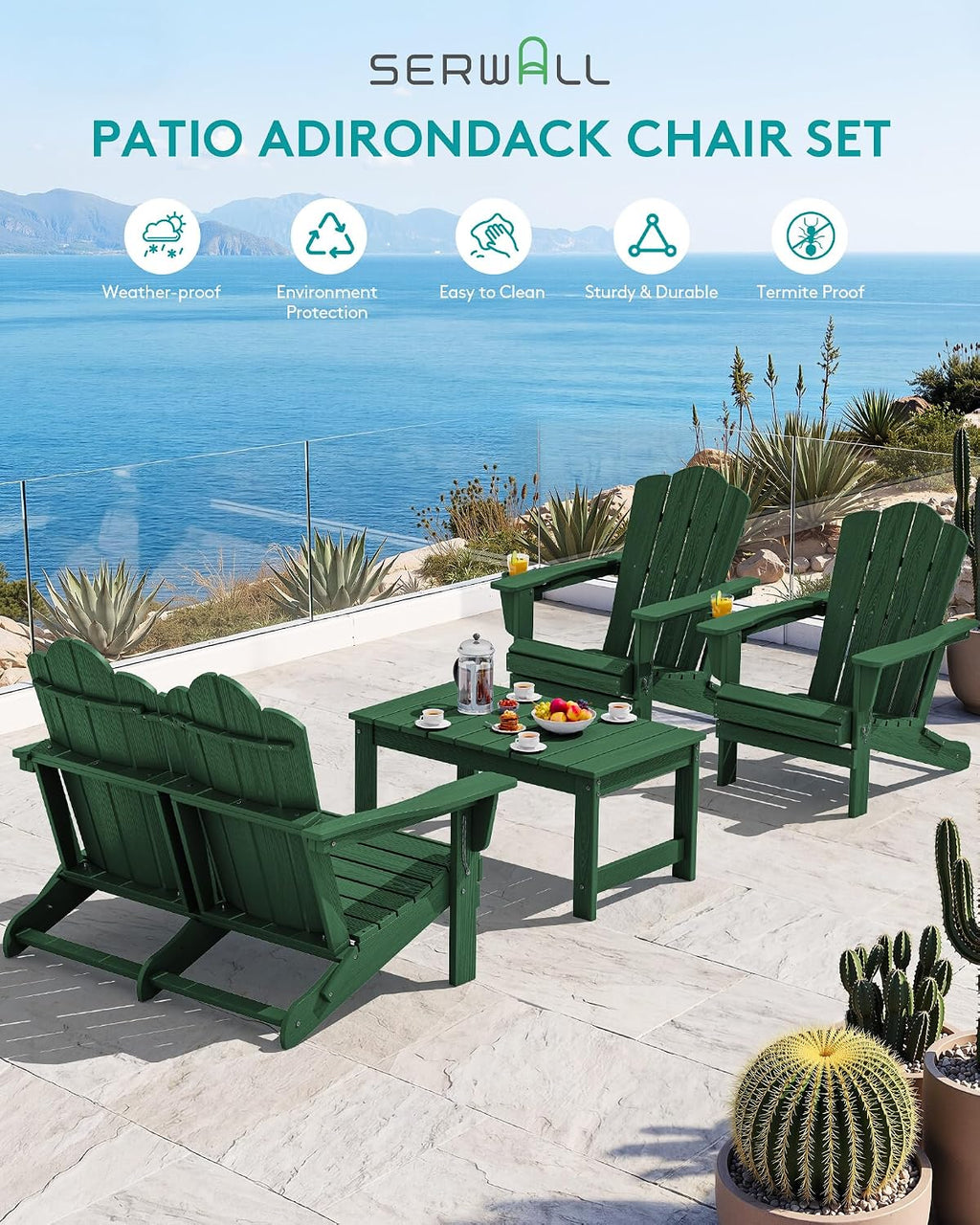 SERWALL Folding Adirondack Bench, HDPE All-Weather Adirondack Loveseat, 660 lbs Capacity, Foldable Outdoor Patio Bench for Deck, Lawn, Garden, Green