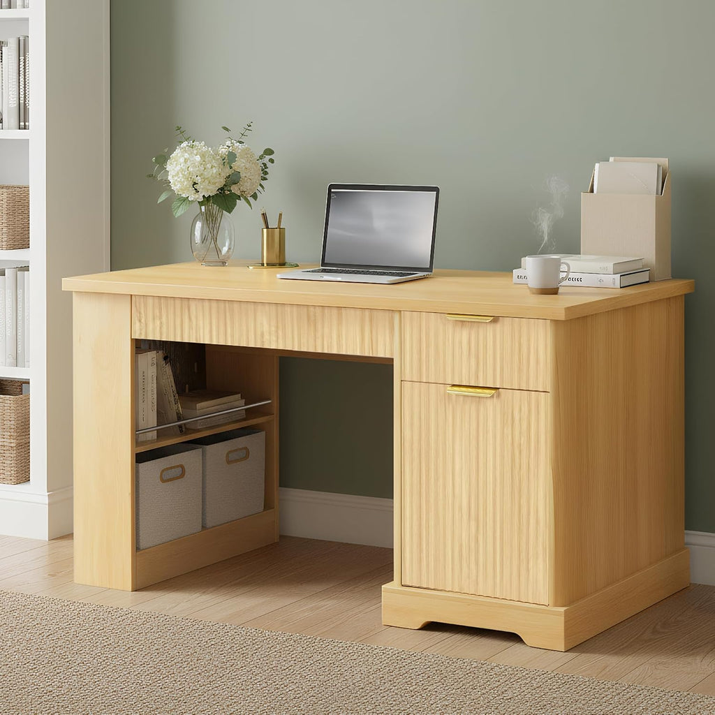 55' Modern Fluted Office Desk with Storage Cabinet & Drawers, Computer Writing Desk with Power Outlet, Pegboard, Built-in Shelves and Keyboard Tray for Study, Living Room, Home Office (Oak)