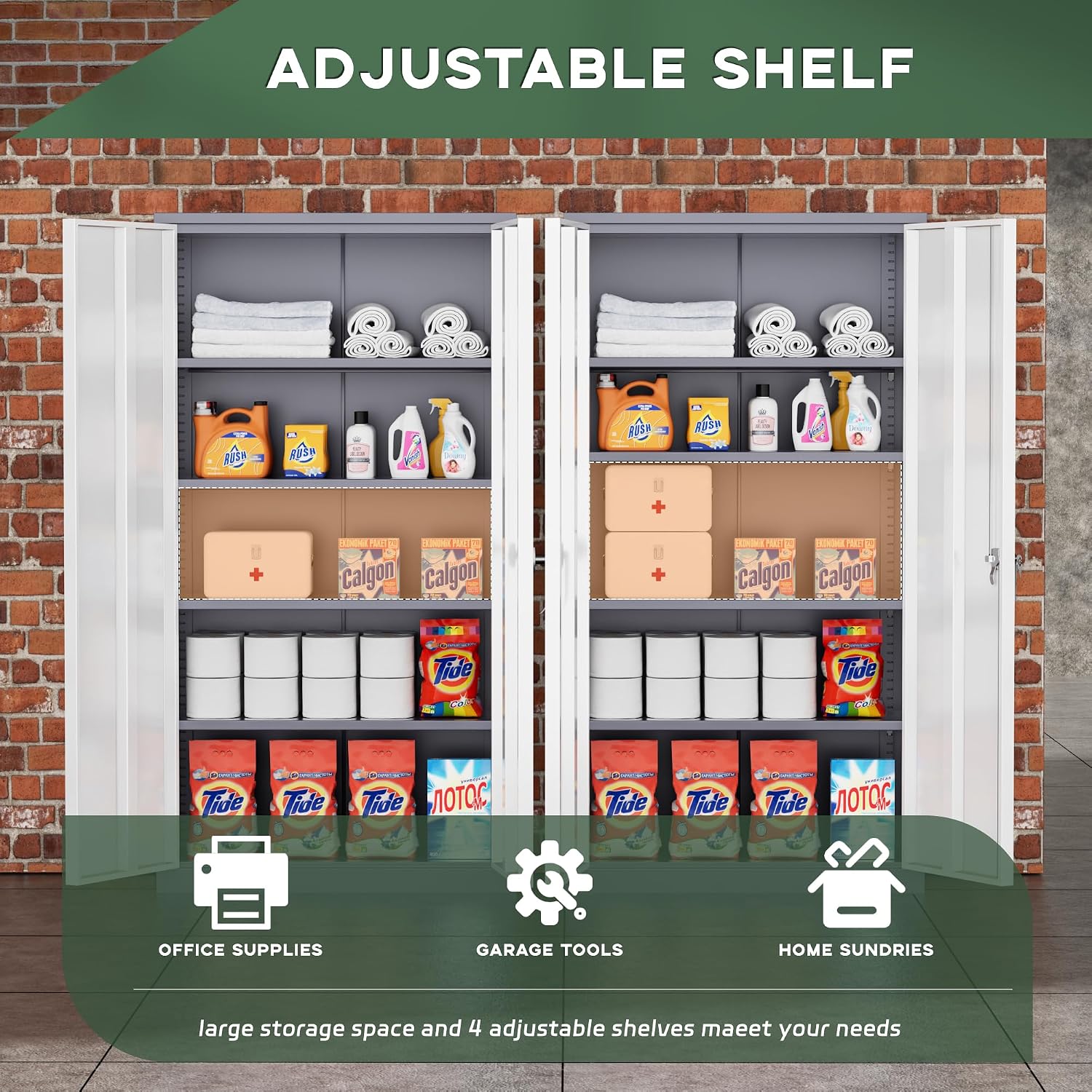 Greenvelly Metal Garage Storage Cabinet, 72' Locking Metal Cabinet with Doors and Adjustable Shelves, Steel Tool Cabinets, File Cabinet for Home Office, Garage (36' W x 18' D)