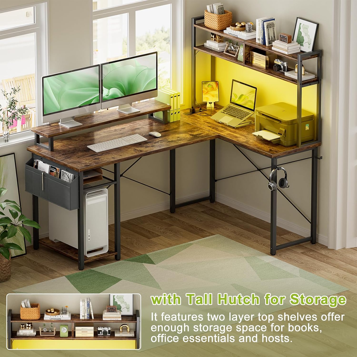 Besiost Small L Shaped Gaming Desk with Power Outlets, 48' Reversible L Shaped LED Computer Desk with Monitor Stand & Storage Shelf, Corner Gamer Desk Home Office Desk with Storage Bag, Rustic Brown