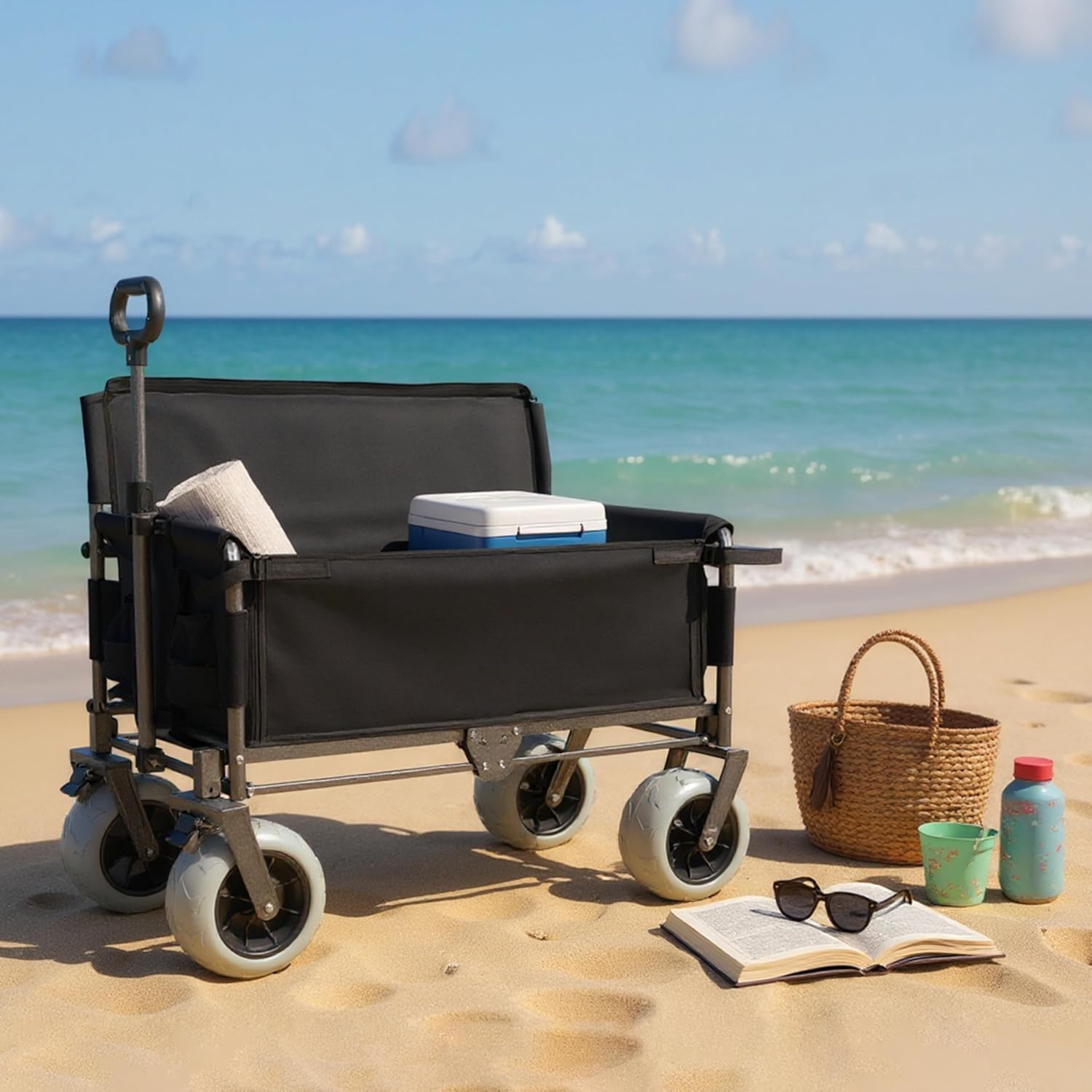 3-in-1 Folding Wagon with Bench Seat – 500lbs Capacity,Reinforced Carbon Steel Frame, 180L Cargo Space– Perfect for Camping, Beach, Outdoor Events & Heavy-Duty Hauling (Black)