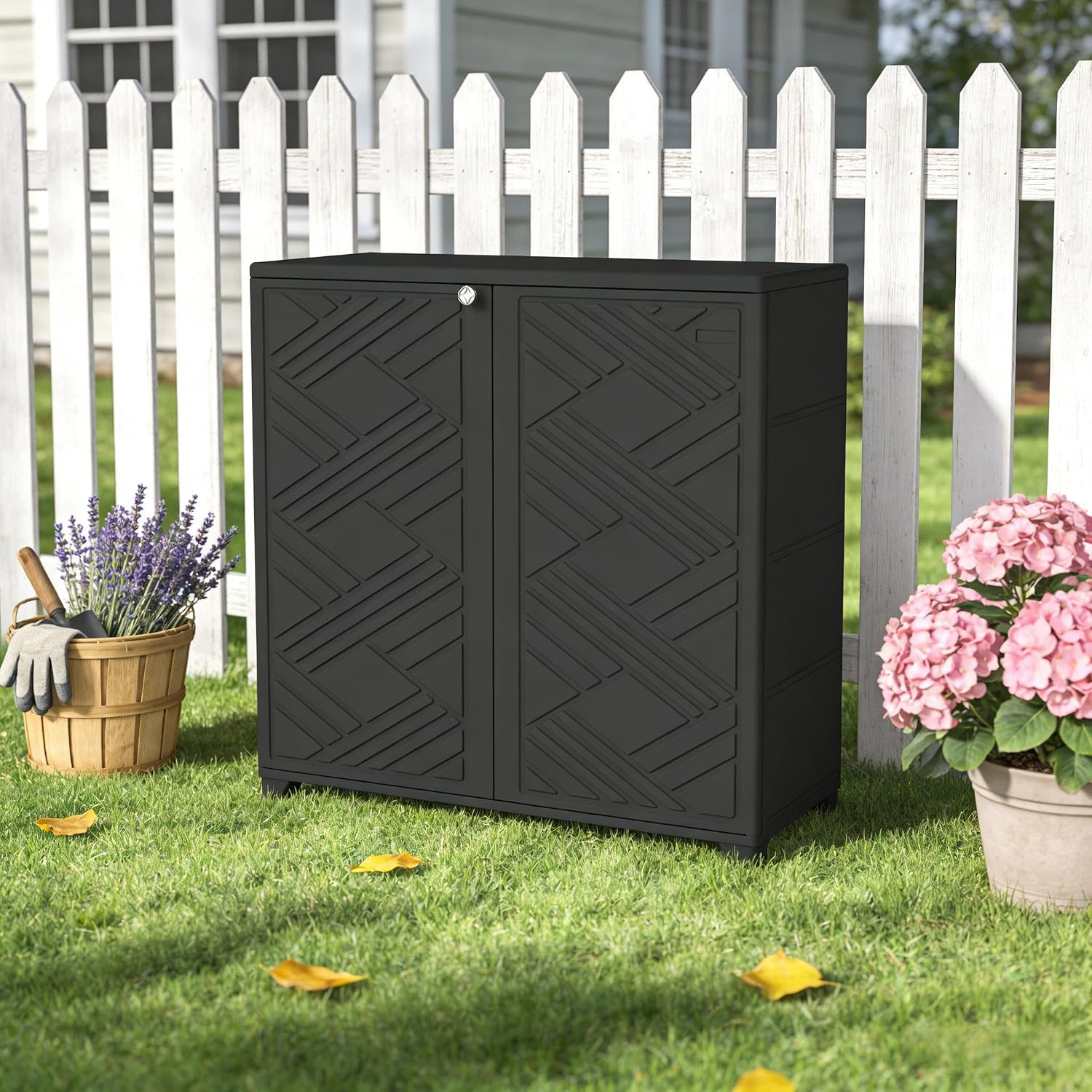 Outdoor Storage Cabinet with Lockable Doors, Portable Horizontal HDPE Plastic Storage Shed, Outdoor Waterproof Storage Cabinet for Pool Storage, Garden Shed, Black