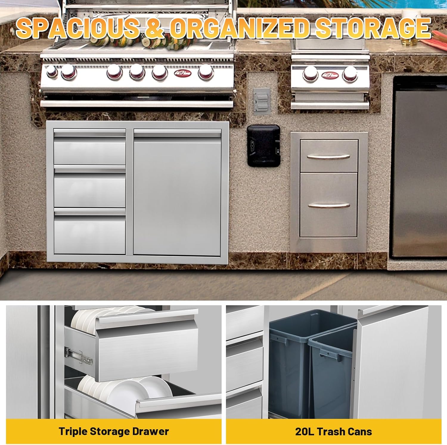 Outdoor Kitchen Drawer Combo Cabinet Stainless Steel Triple Drawers & Trash Drawer with 2 Trash Cans, 28' W x 22' H x 19.5' D Outdoor Kitchen Cabinets for BBQ Grill Station