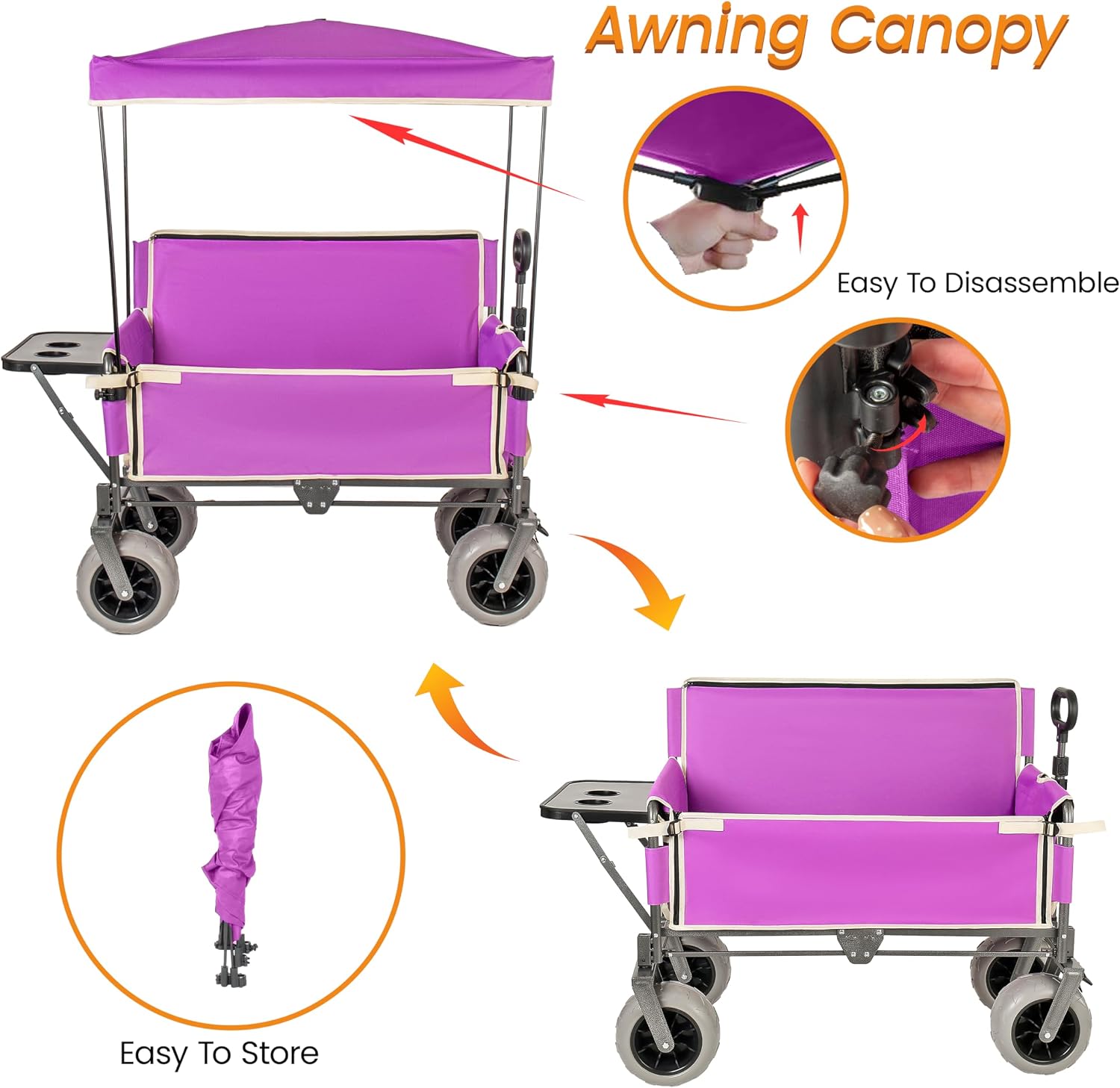 3-in-1 Folding Wagon with Bench Seat – 500lbs Capacity,Reinforced Carbon Steel Frame, 180L Cargo Space– Perfect for Camping, Beach, Outdoor Events & Heavy-Duty Hauling (Purple + Carport)